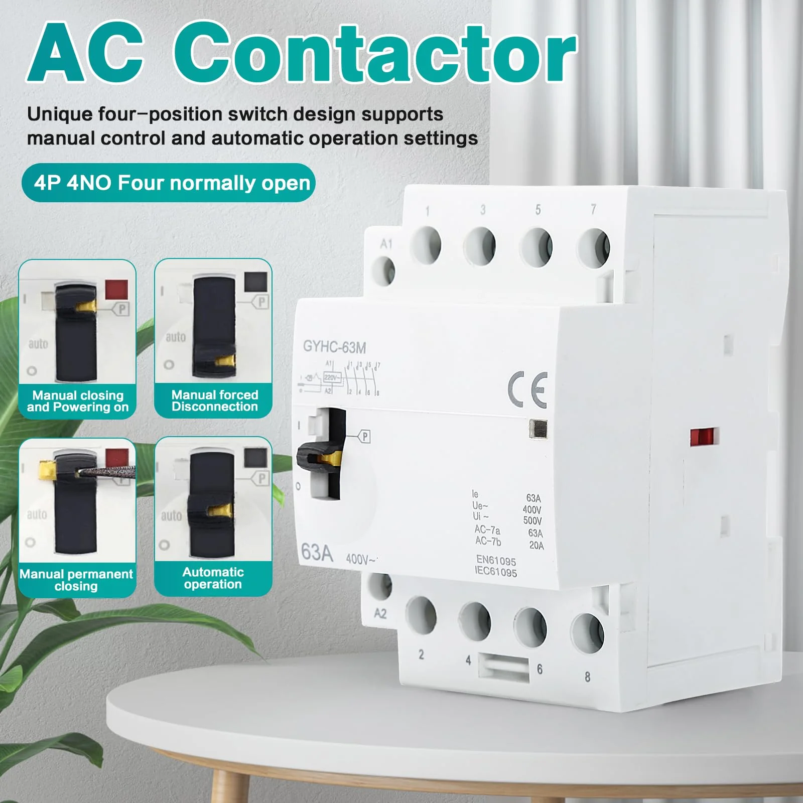 Ailao Contactor 400 V 3 Phase 4 Wire AC Contactor AC Household Contactor 4P 63A 4NO Ultra Quiet and Highly Efficient Flame Retardant DIN Rail Manual Automatic Model - Image 4