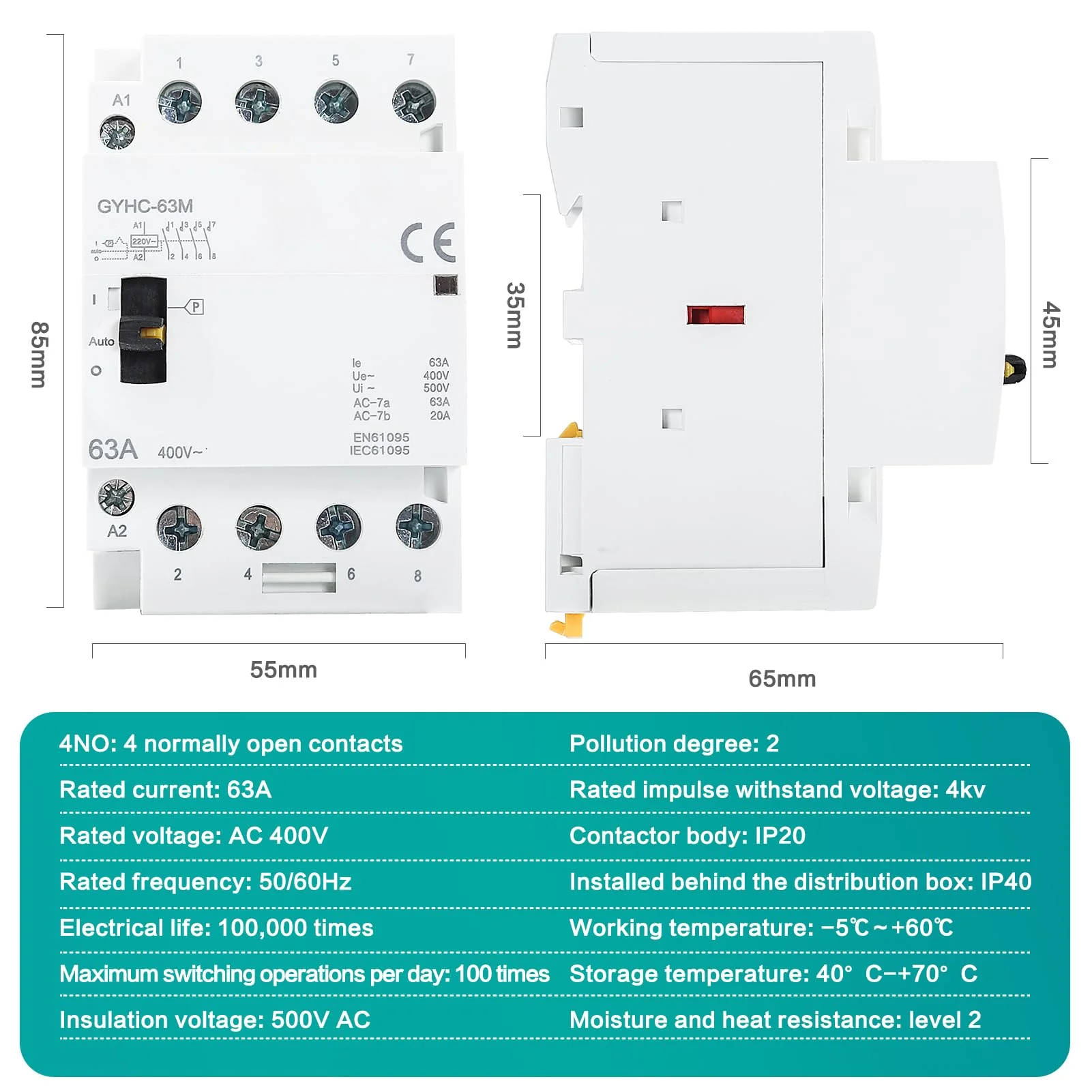 Ailao Contactor 400 V 3 Phase 4 Wire AC Contactor AC Household Contactor 4P 63A 4NO Ultra Quiet and Highly Efficient Flame Retardant DIN Rail Manual Automatic Model - Image 7