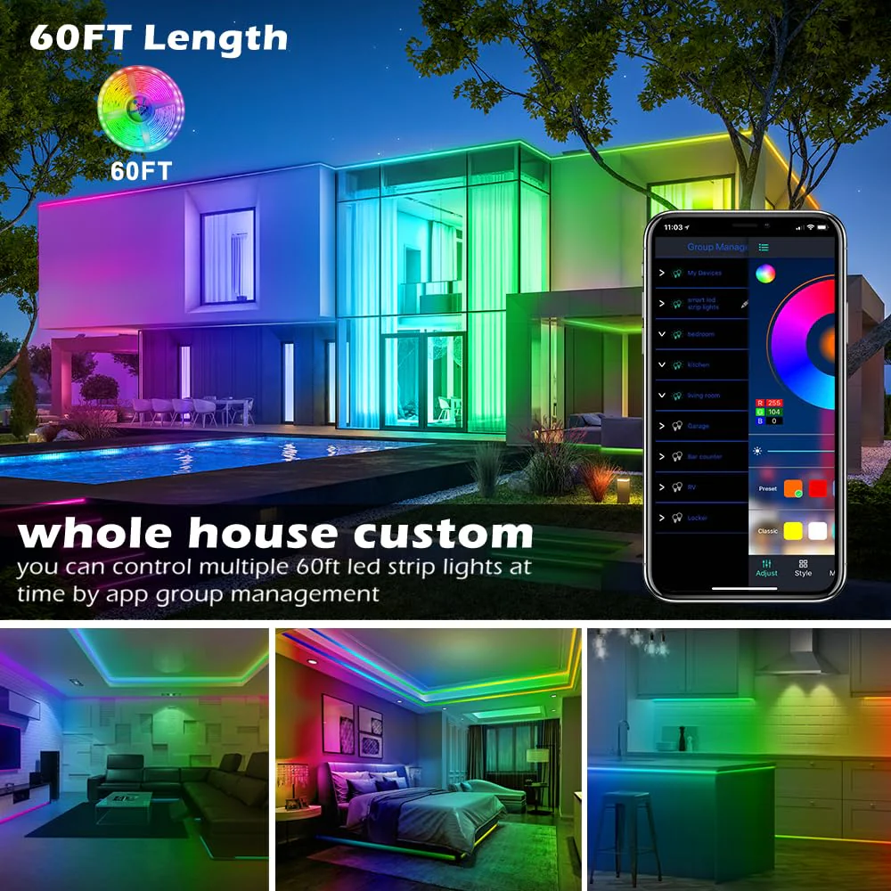 AILBTON Led Strip Lights,60ft Music Sync Color Changing, Built-in Mic,Bluetooth App Control LED Tape Lights with Remote,5050 RGB Rope Light Strips 60FT - Image 2