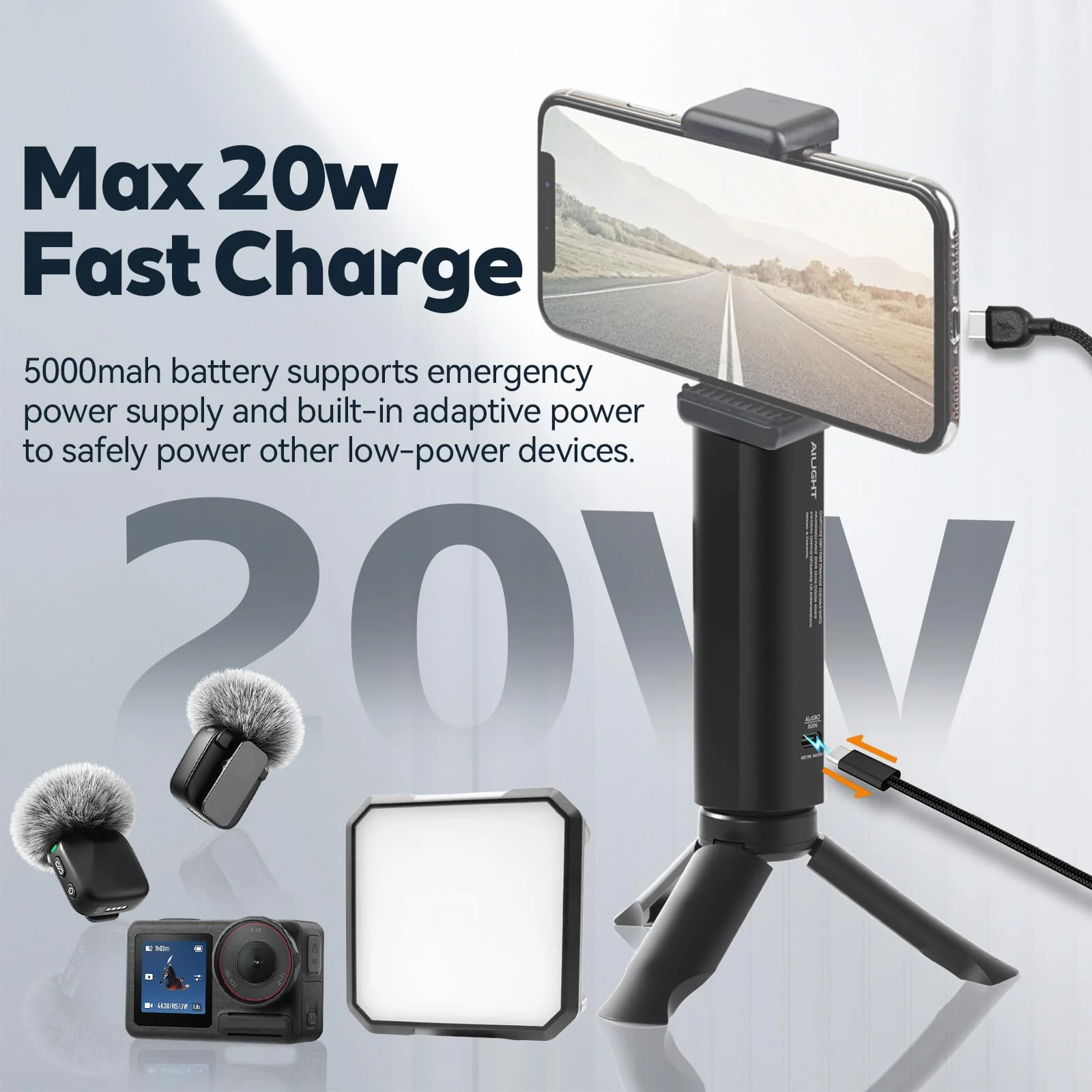 Ailight Battery Handle Grip, 5000mAh Extended Power with 20W PD Charging, 1/4" Screw Battery Mount for GoPro Hero 13/12/11/10-5 | Insta360 X5/X4 | DJI Action 6/5 Pro/4 | Canon/Sony DSLR Camera - Black - Image 3