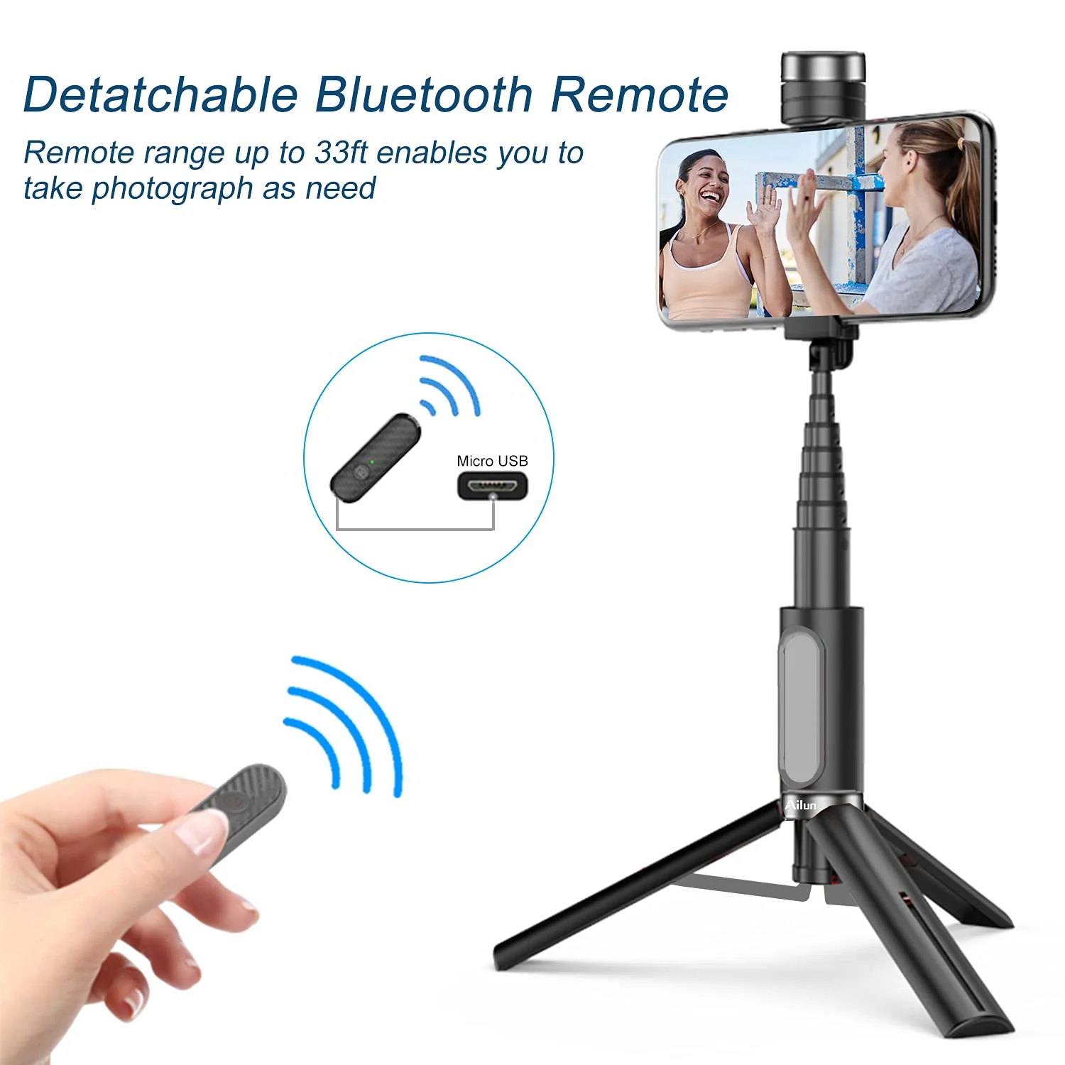Ailun Selfie Stick Tripod,Extendable Aluminum,3 in 1,Bluetooth Wireless Remote and 360 Rotation Stand Compatible with iPhone 13/12/11/11 Pro/XS Max/XS/XR/X/8/7,and More Smartphones - Image 2