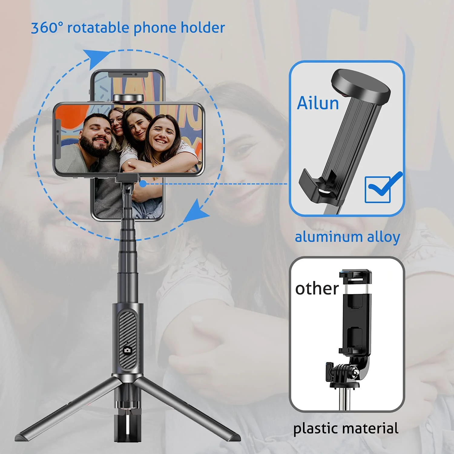 Ailun Selfie Stick Tripod,Extendable Aluminum,3 in 1,Bluetooth Wireless Remote and 360 Rotation Stand Compatible with iPhone 13/12/11/11 Pro/XS Max/XS/XR/X/8/7,and More Smartphones - Image 4