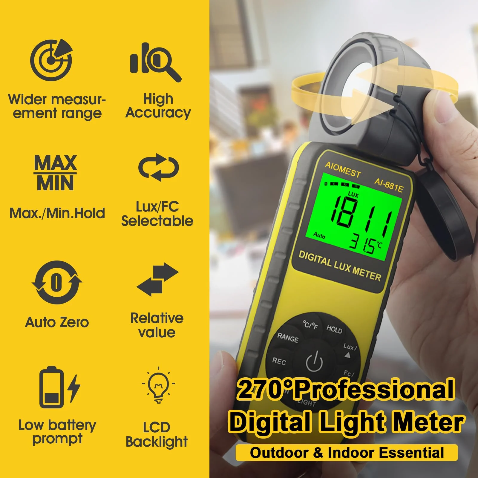 AIOMEST AI-881E Digital Light Meter, Handheld Foot Candle Meter for 0.1~300,000 Lux, Light Meter for LED Plant Grow Light, Indoor Outdoor Lights, Par Meter with 270°Rotatable Detector AI-881E (0.1~300,000Lux) - Image 2