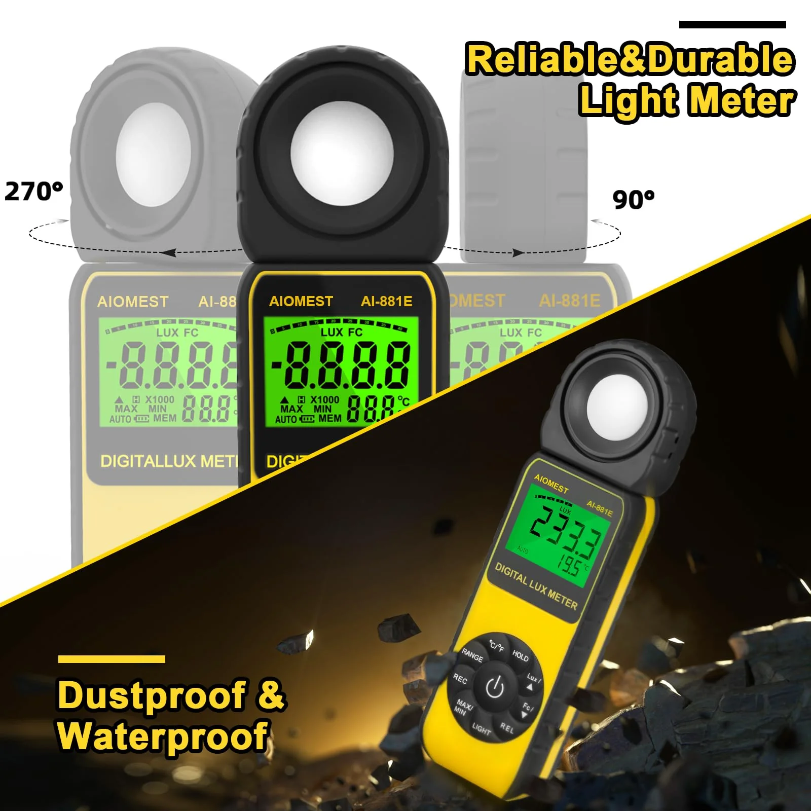 AIOMEST AI-881E Digital Light Meter, Handheld Foot Candle Meter for 0.1~300,000 Lux, Light Meter for LED Plant Grow Light, Indoor Outdoor Lights, Par Meter with 270°Rotatable Detector AI-881E (0.1~300,000Lux) - Image 3