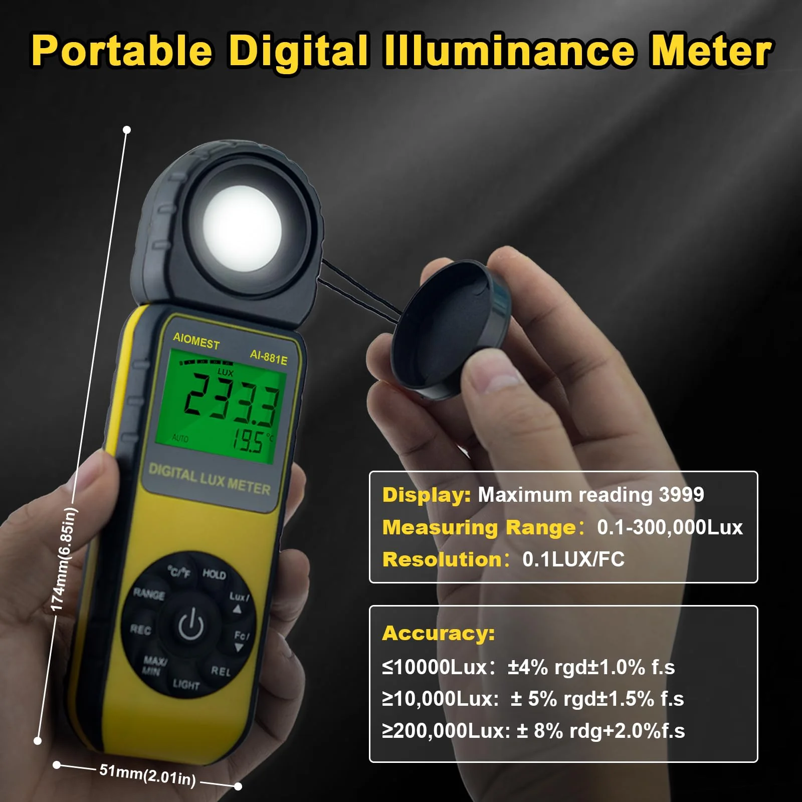 AIOMEST AI-881E Digital Light Meter, Handheld Foot Candle Meter for 0.1~300,000 Lux, Light Meter for LED Plant Grow Light, Indoor Outdoor Lights, Par Meter with 270°Rotatable Detector AI-881E (0.1~300,000Lux) - Image 4