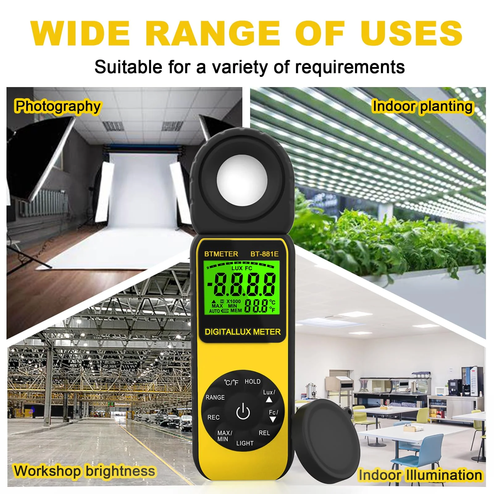 AIOMEST AI-881E Digital Light Meter, Handheld Foot Candle Meter for 0.1~300,000 Lux, Light Meter for LED Plant Grow Light, Indoor Outdoor Lights, Par Meter with 270°Rotatable Detector AI-881E (0.1~300,000Lux) - Image 6
