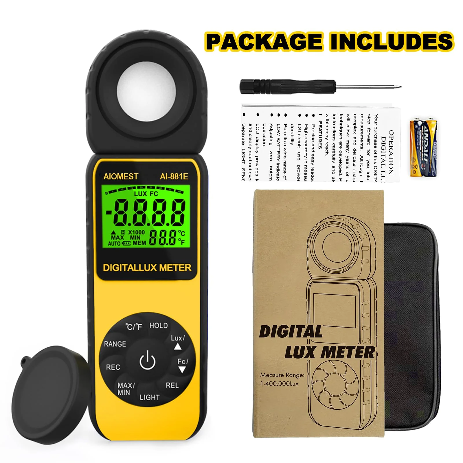 AIOMEST AI-881E Digital Light Meter, Handheld Foot Candle Meter for 0.1~300,000 Lux, Light Meter for LED Plant Grow Light, Indoor Outdoor Lights, Par Meter with 270°Rotatable Detector AI-881E (0.1~300,000Lux) - Image 7