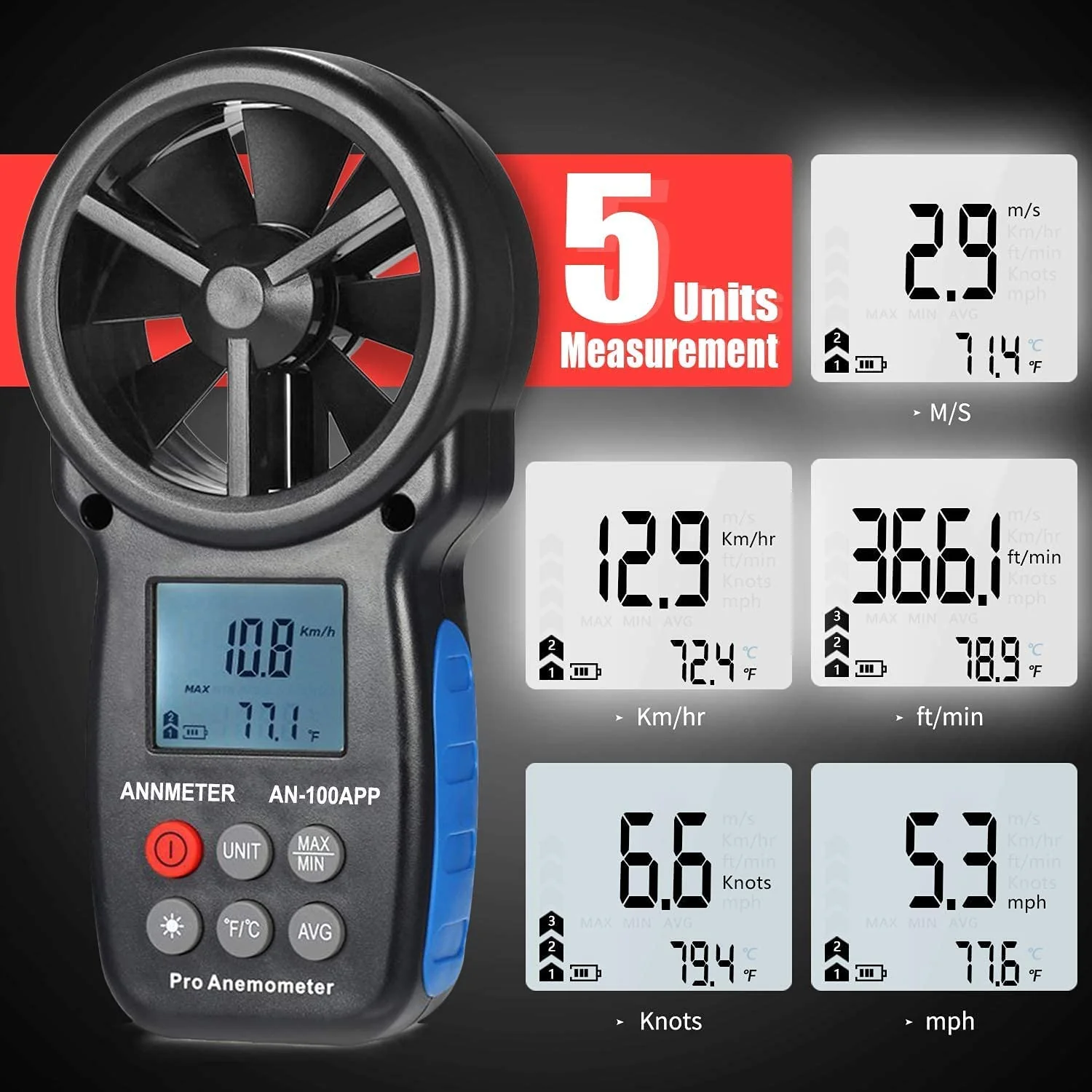 AIOMEST Bluetooth Anemometer Wind Meter with App, Portable Air Speed Meter AI-100APP with Data Logger, RLT System, Wind Gauge, Air Flow Meter, Carry Bag AI-100APP with Bluetooth app connection - Image 2