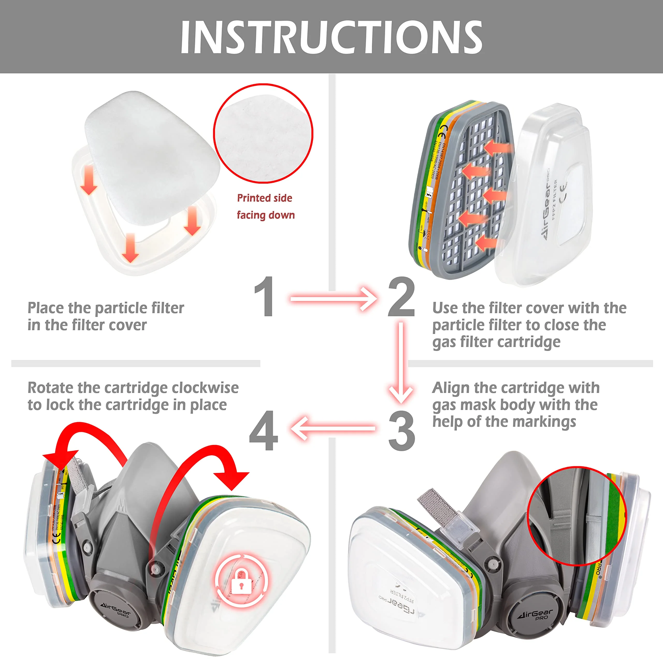 AirGearPro M-500 ABEK1-P2 Reusable Respirator Mask | Anti-Dust Gas mask Ideal for Spray Painting, Sanding, Building work, Chemical, DIY and more. Multi-gas Respirator - Image 3