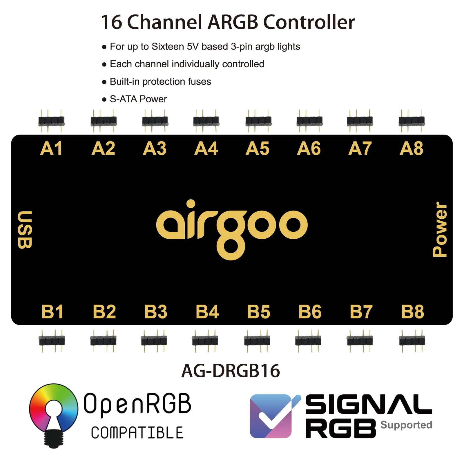 Airgoo 16-Port Signal RGB Controller - SATA Powered ARGB Controller PC Lighting Hub, Requires SignalRGB or OpenRGB Software Download for Configuration, AG-DRGB16 - Image 2