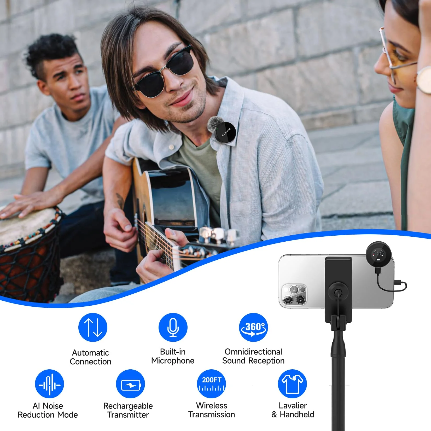 AIRHUG Wireless Lavalier Microphone, AI Noise Cancelling- Cordless Recording Mic with 2 Lavalier Transmitters and 1 Receiver for Camera/iPhone/ipaid, Vlog, Filmmaking, Streaming - Image 2