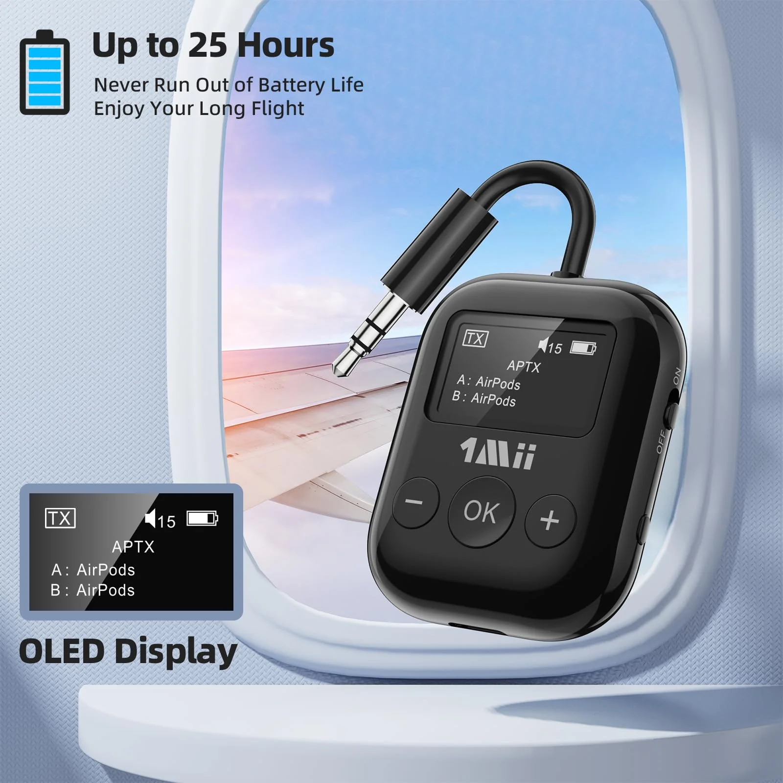 Airplane Bluetooth 5.3 Transmitter for All Headphones - Bluetooth Adapter for TV - Dual Connection - aptX Low Latency - Flying Travel,Long Flight Essentials - Wireless Audio Aux for MP3,Game,PC-Black Black - Image 2