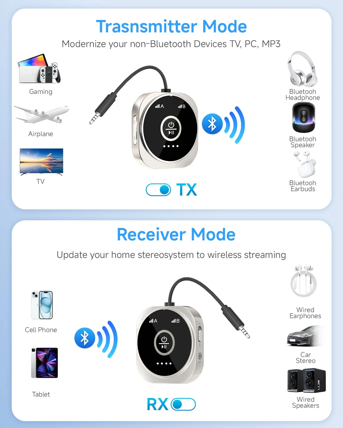 Airplane Bluetooth 5.4 Transmitter Receiver with aptX Low Latency,Supports 2 AirPods or Headphones, 24Hr Playtime, 3.5mm AUX Wireless Audio Adapter for Home Stereo, Travel Flight, Home, Gym Silver - Image 5