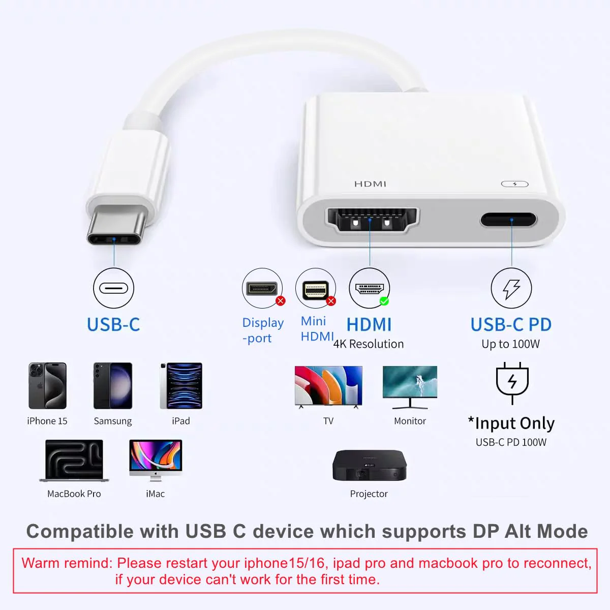 AIRSKY USB C to HDMI Adapter for iPhone 15/16 to TV, Type C Digital AV HDMI Adapter with 100W Fast Charging and 4K@60Hz HDMI Converter, Compatible with iPhone15 iPhone16 MacBook Ipad - Image 2