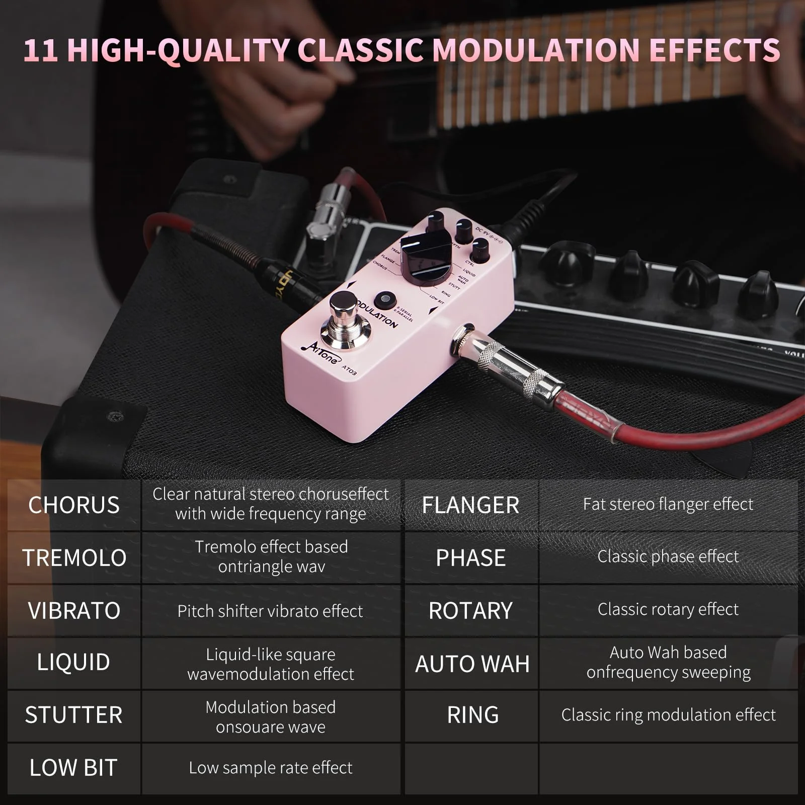 AITONE Modulation Pedal for Electric Guitar with Chorus Flanger Tremolo Phaser Vibrato Multi Digital Guitar Pedals 11 Modulation Modes (AT-03) Light pink - Image 3