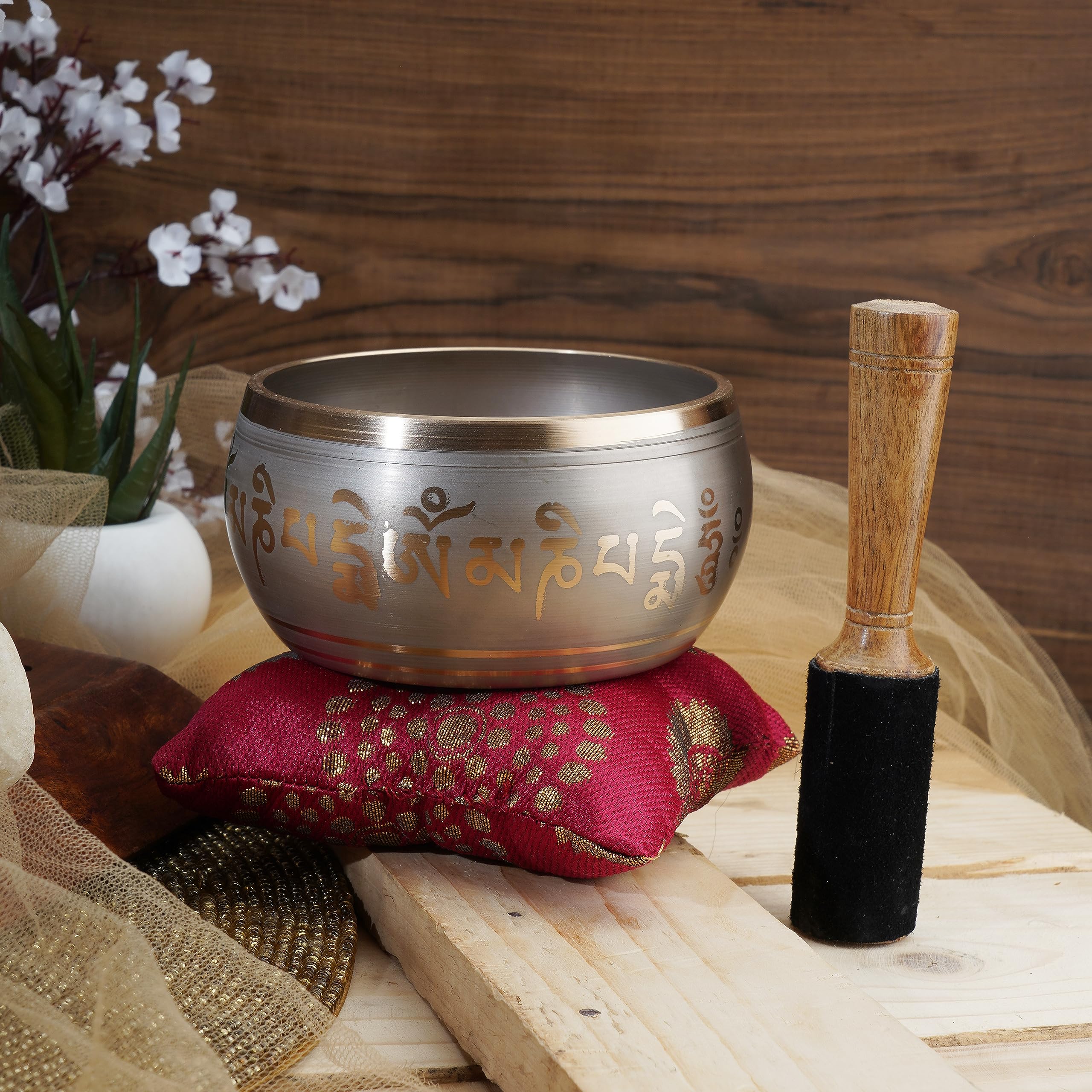 Ajuny Tibetan Singing Bowl Set for Meditation Yoga Chakra Healing Stress Relief Mindfulness Handmade Brass Sound Bowl with Stick and Cushion Unique Spiritual Gifts for Women & Men (Gold Beige) Gold-Beige - Image 2