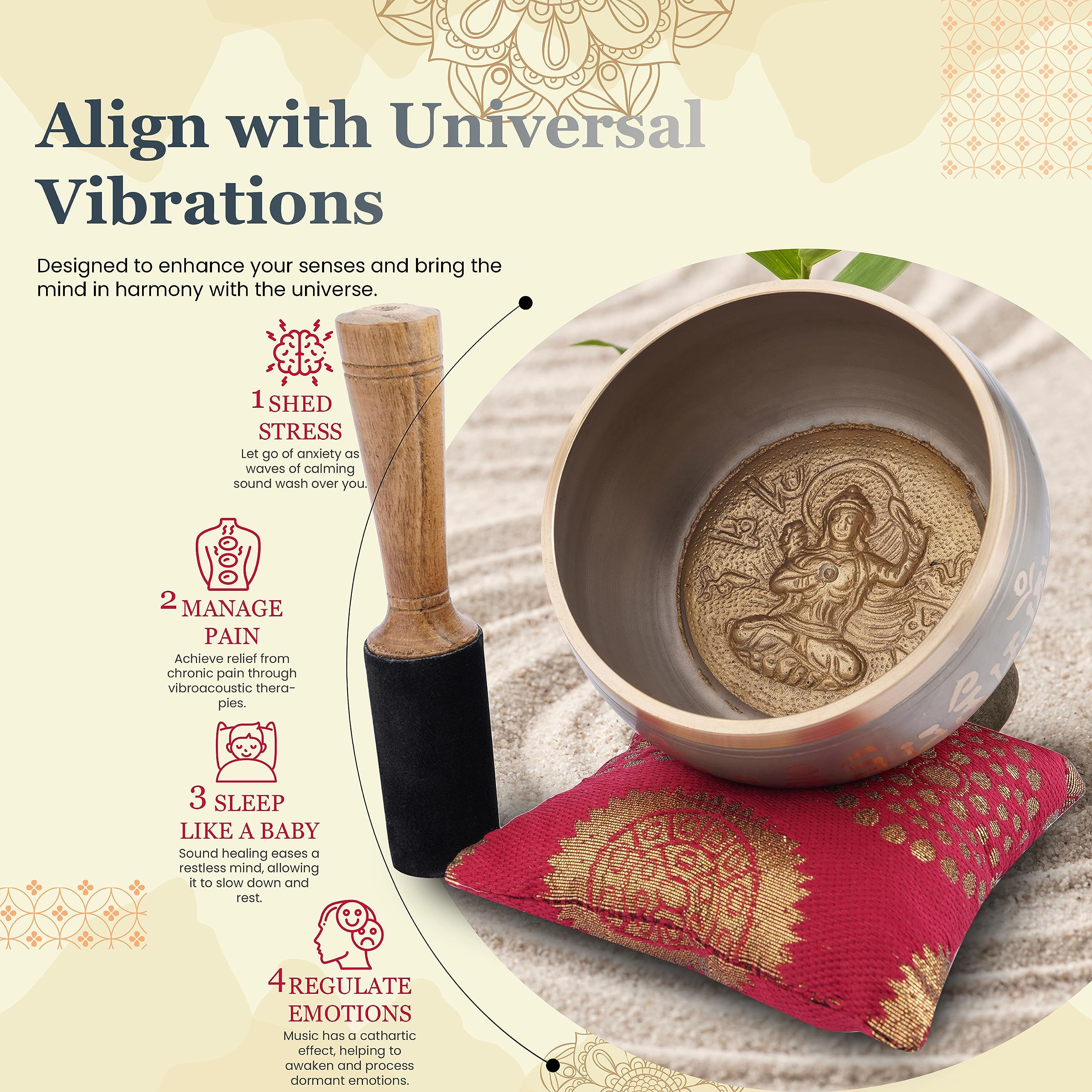 Ajuny Tibetan Singing Bowl Set for Meditation Yoga Chakra Healing Stress Relief Mindfulness Handmade Brass Sound Bowl with Stick and Cushion Unique Spiritual Gifts for Women & Men (Gold Beige) Gold-Beige - Image 4