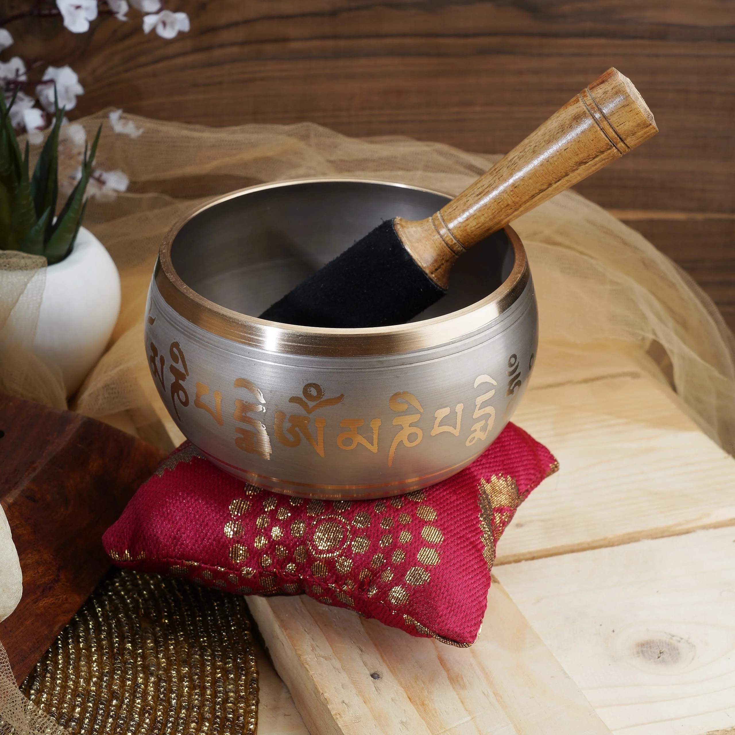 Ajuny Tibetan Singing Bowl Set for Meditation Yoga Chakra Healing Stress Relief Mindfulness Handmade Brass Sound Bowl with Stick and Cushion Unique Spiritual Gifts for Women & Men (Gold Beige) Gold-Beige - Image 6