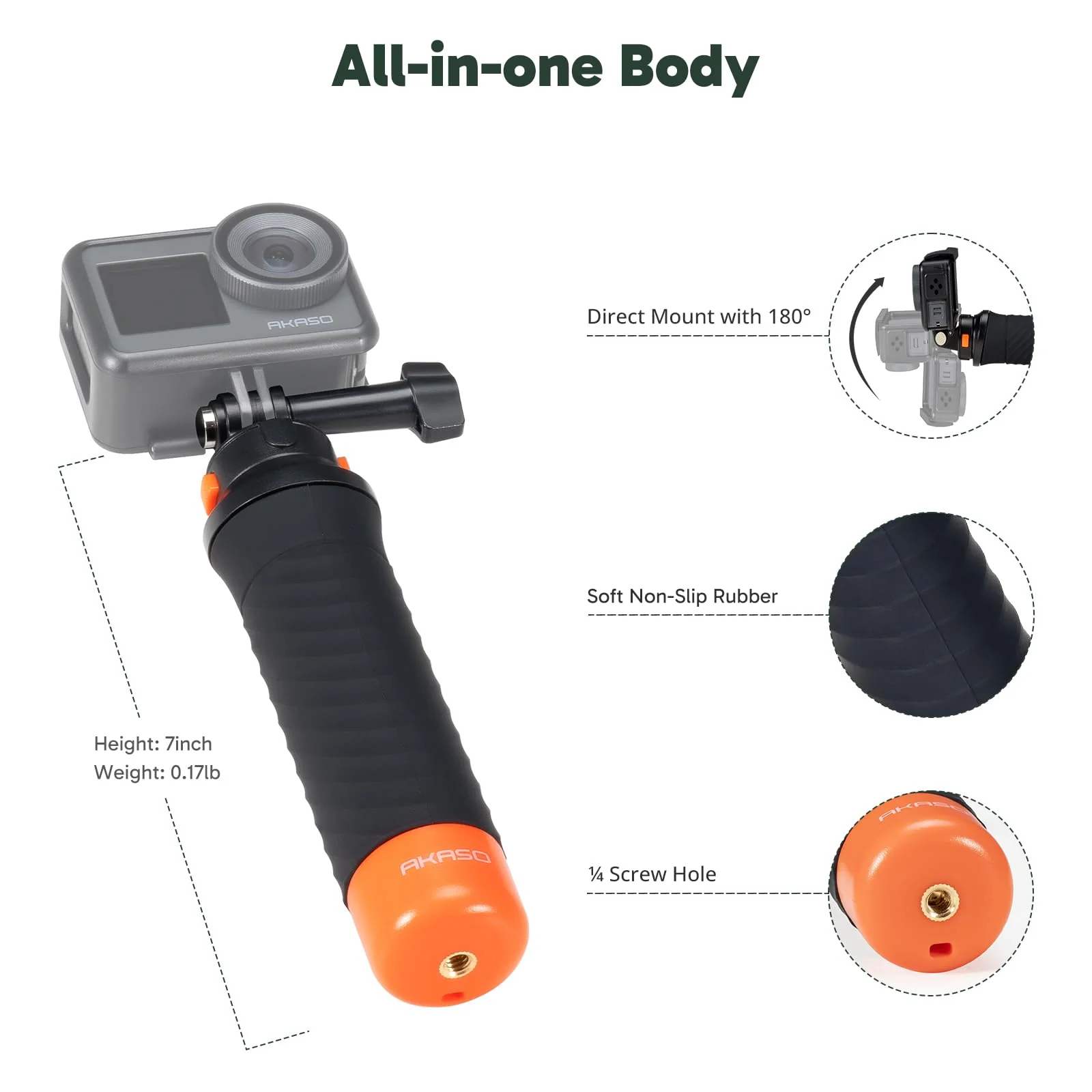 AKASO Waterproof Floating Hand Grip Compatible with AKASO Action Camera EK7000/Brave 4/Brave 7 LE/Brave 7/Gogro Hero12/11/10/ 9/Max/DJI Osmo Action, Handle Mount Accessories for Water Sports, Black - Image 2