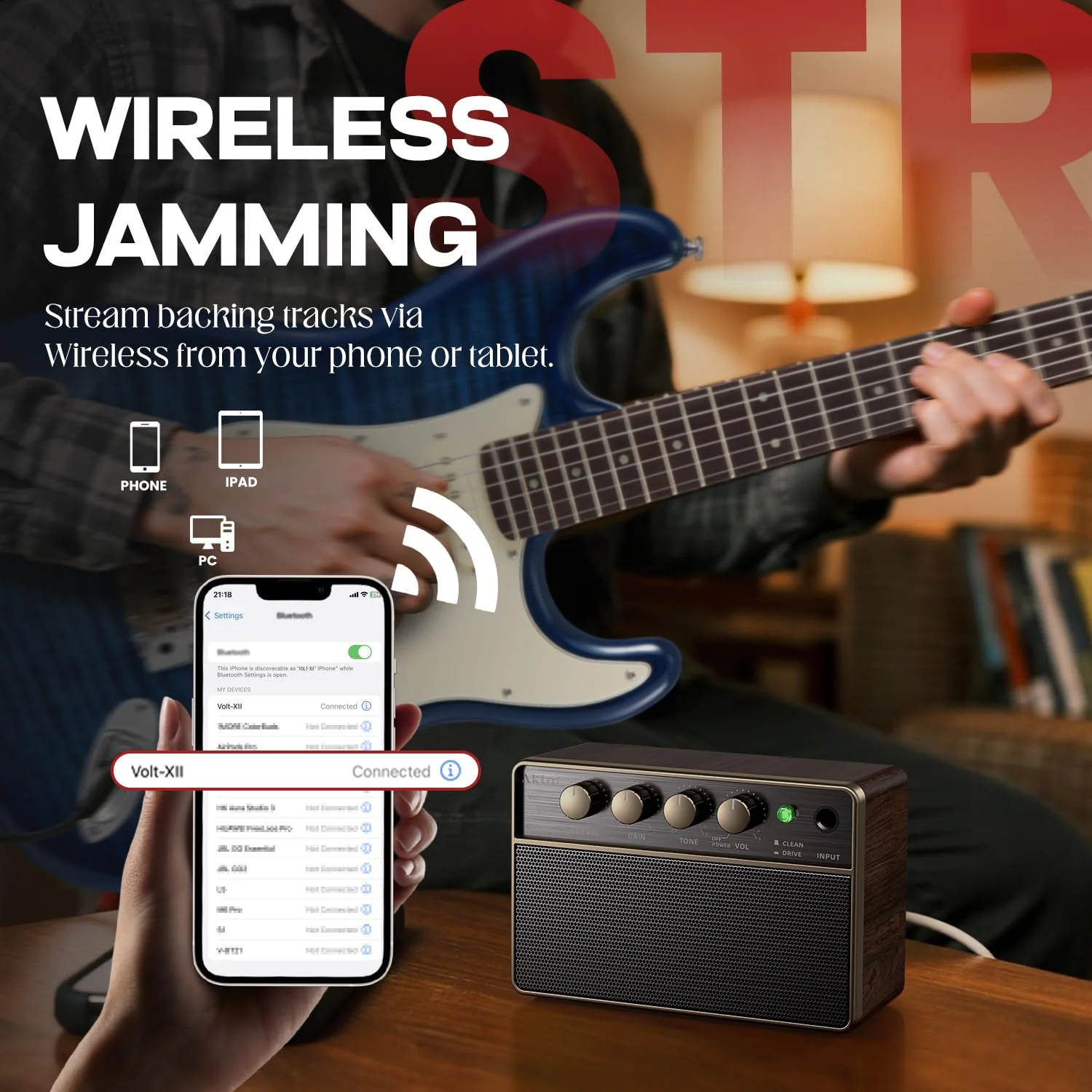 AKLOT Guitar Amp Portable Rechargeable: 10W Mini Electric Guitar Amplifier with Clean/Drive Channels, Wireless Audio, USB-C, 6H Battery, Headphone Out and AUX in, Ideal for Practice or Travel (Black) Black - Image 4