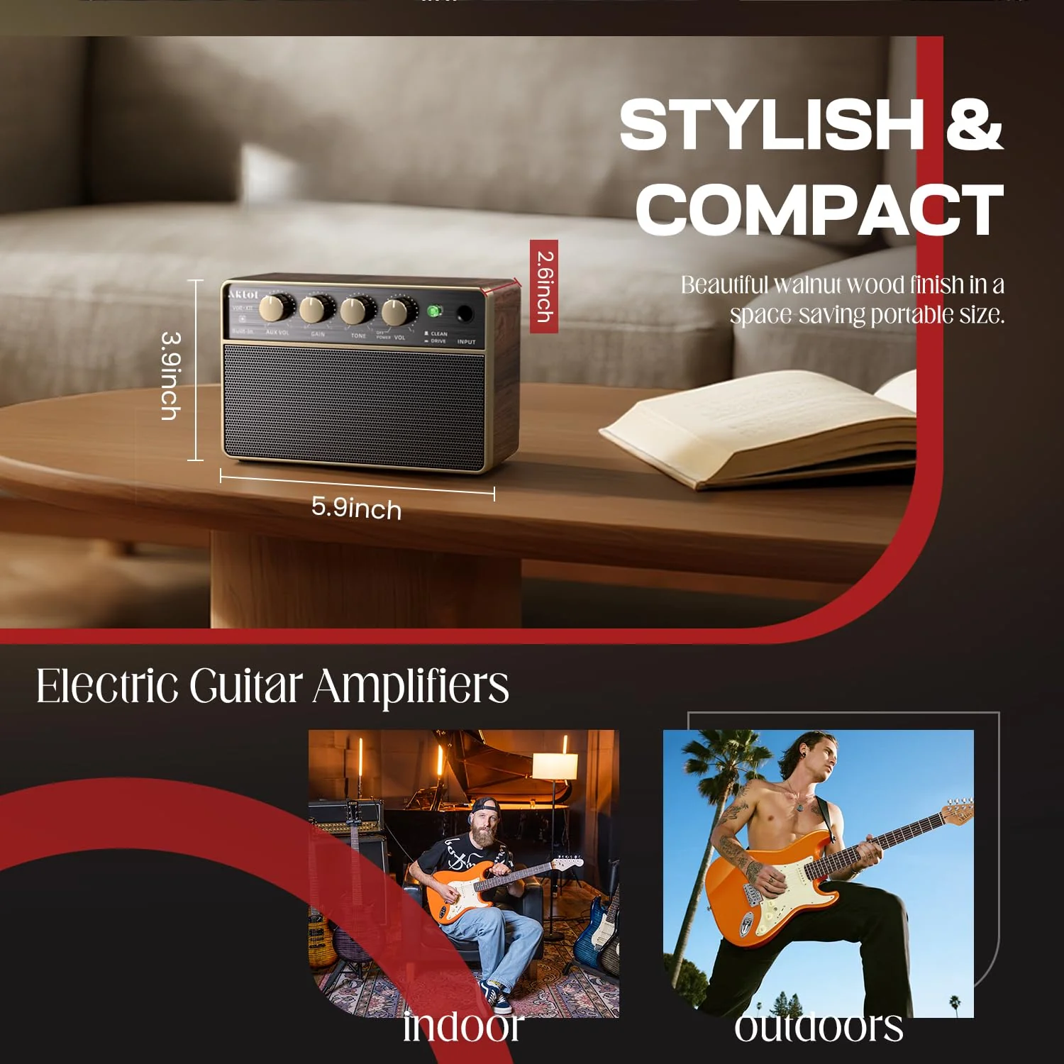 AKLOT Guitar Amp Portable Rechargeable: 10W Mini Electric Guitar Amplifier with Clean/Drive Channels, Wireless Audio, USB-C, 6H Battery, Headphone Out and AUX in, Ideal for Practice or Travel (Black) Black - Image 6