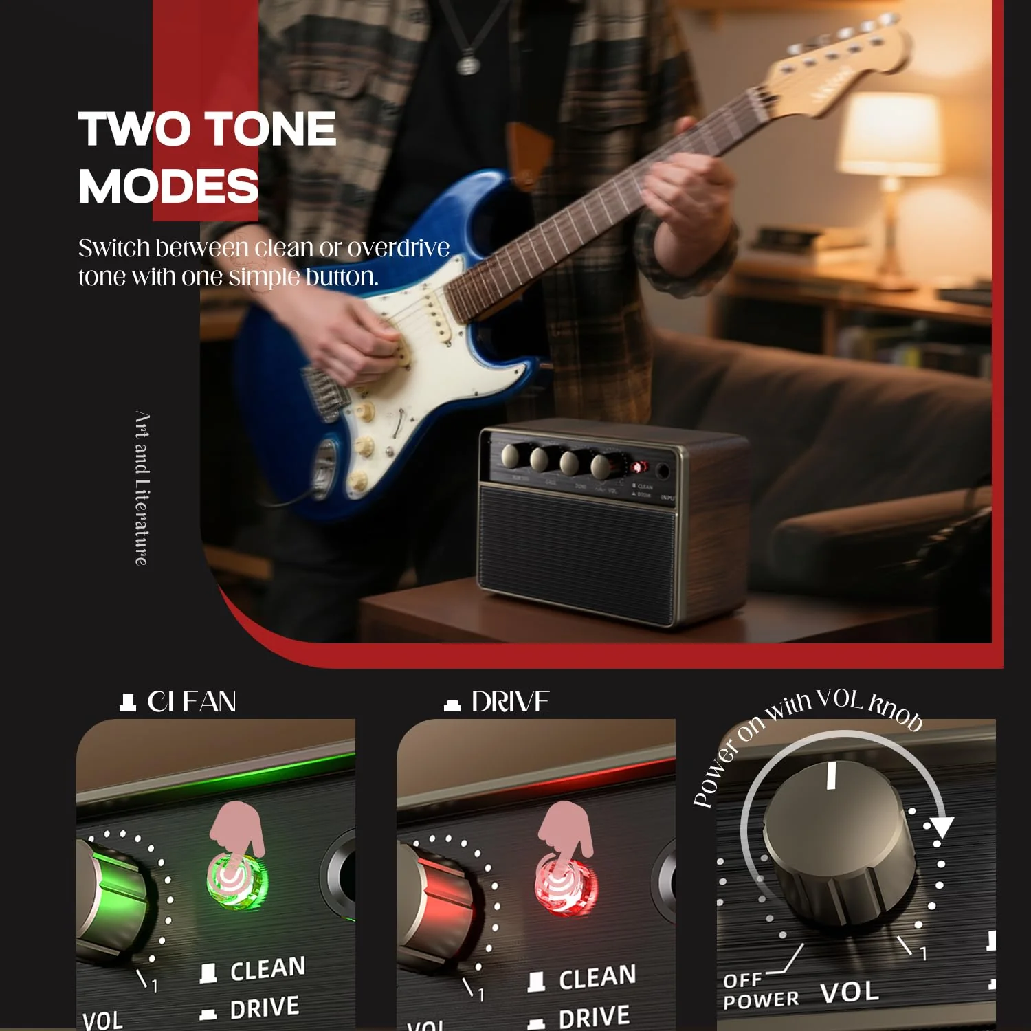 AKLOT Guitar Amp Portable Rechargeable: 10W Mini Electric Guitar Amplifier with Clean/Drive Channels, Wireless Audio, USB-C, 6H Battery, Headphone Out and AUX in, Ideal for Practice or Travel (Black) Black - Image 7
