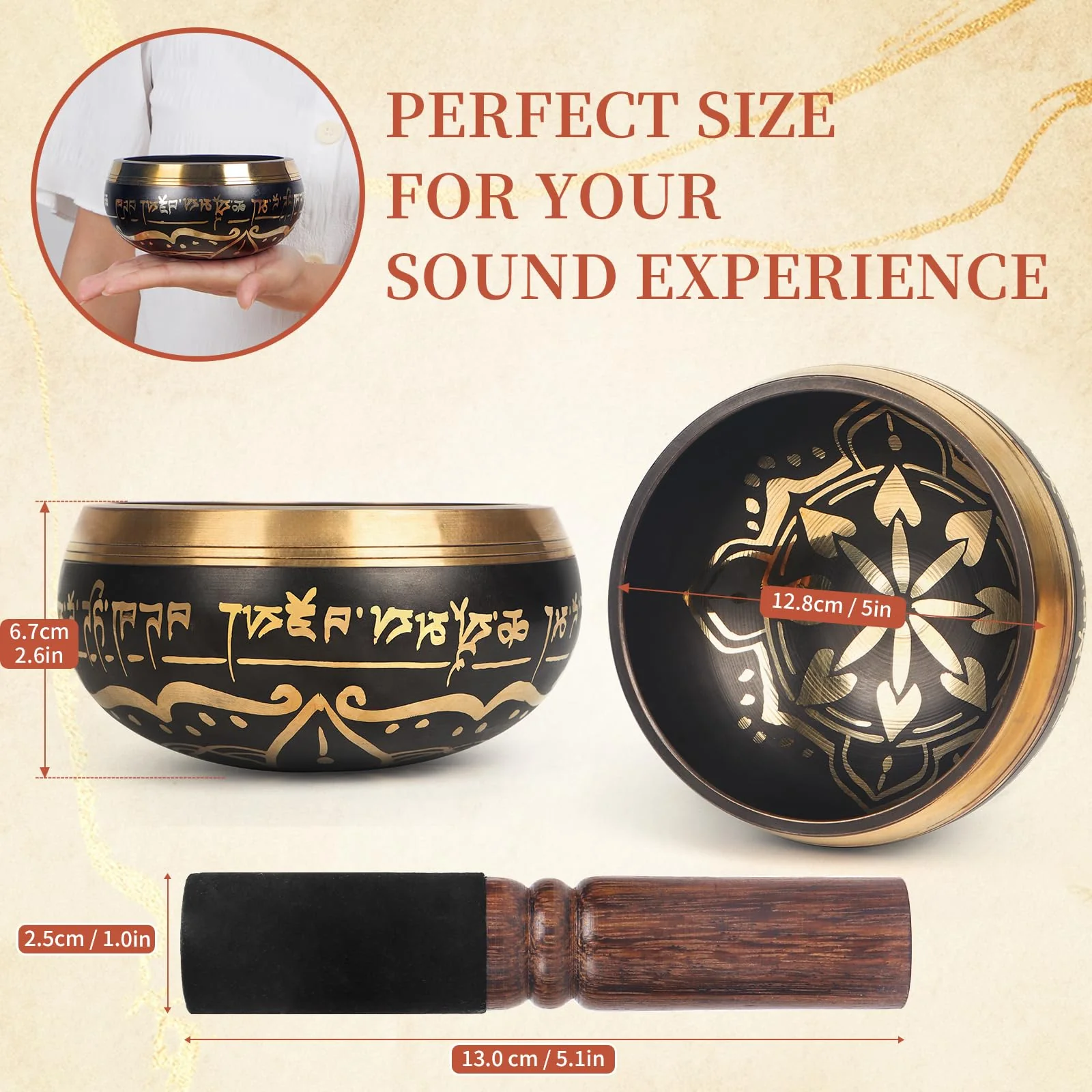 AKLOT HandMade Meditation Singing Bowl: Tibetan Sound Bowl Set with Pure Tone, Sound Bath Bowl with Cushion, Mallet, Carry Bag, Spiritual Gift for Chakra Clearing, Yoga, Prayer, Relaxation (5 Inch) 5 inch Black - Image 4