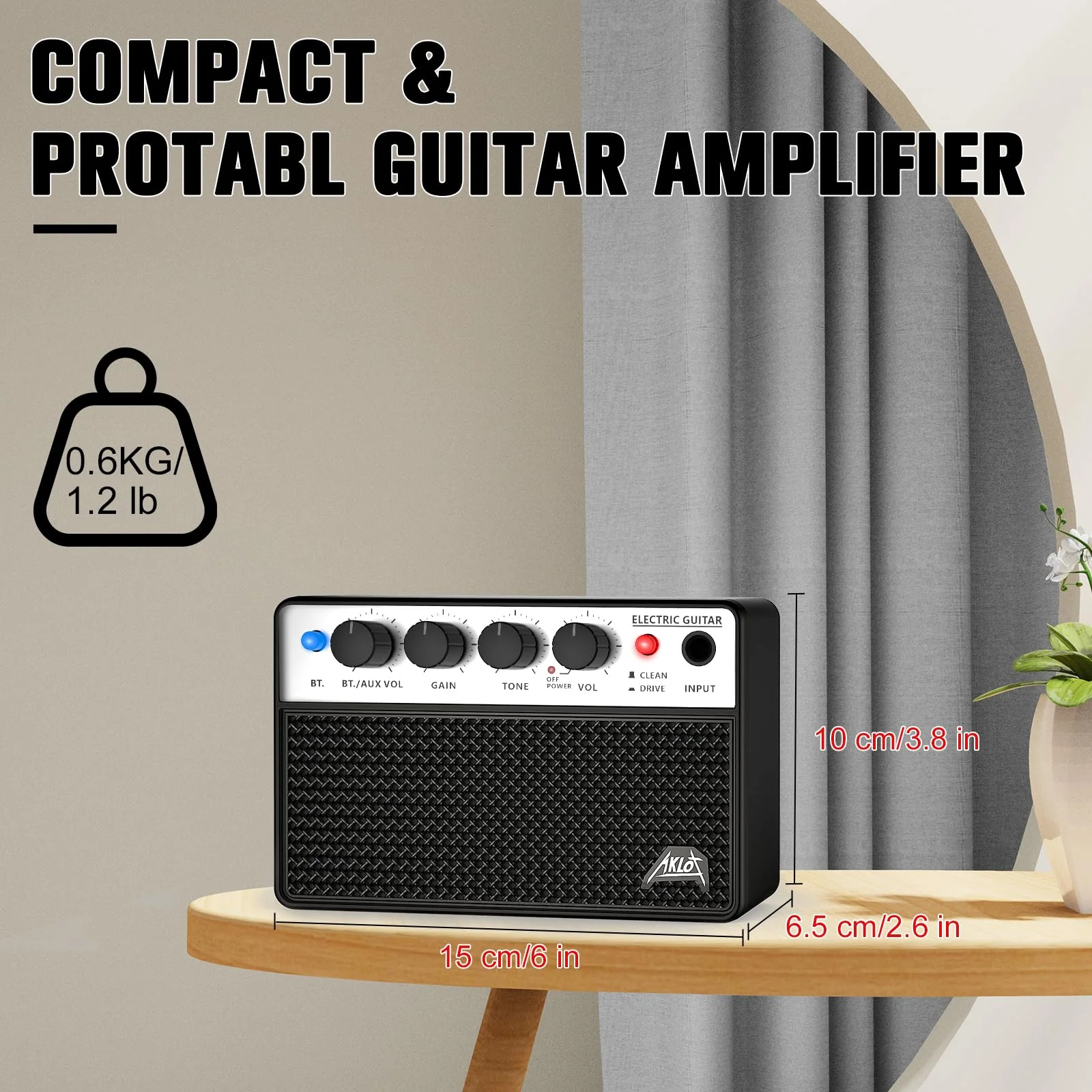 AKLOT Mini Bass Amp Small Bass Guitar Amplifier 10W Portable Recharged Electric Bass Amp BT Speaker with Dual Channel & Aux in Jack Black - Image 5