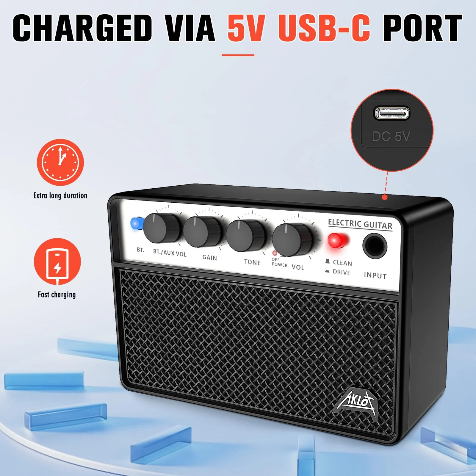 AKLOT Mini Bass Amp Small Bass Guitar Amplifier 10W Portable Recharged Electric Bass Amp BT Speaker with Dual Channel & Aux in Jack Black - Image 8