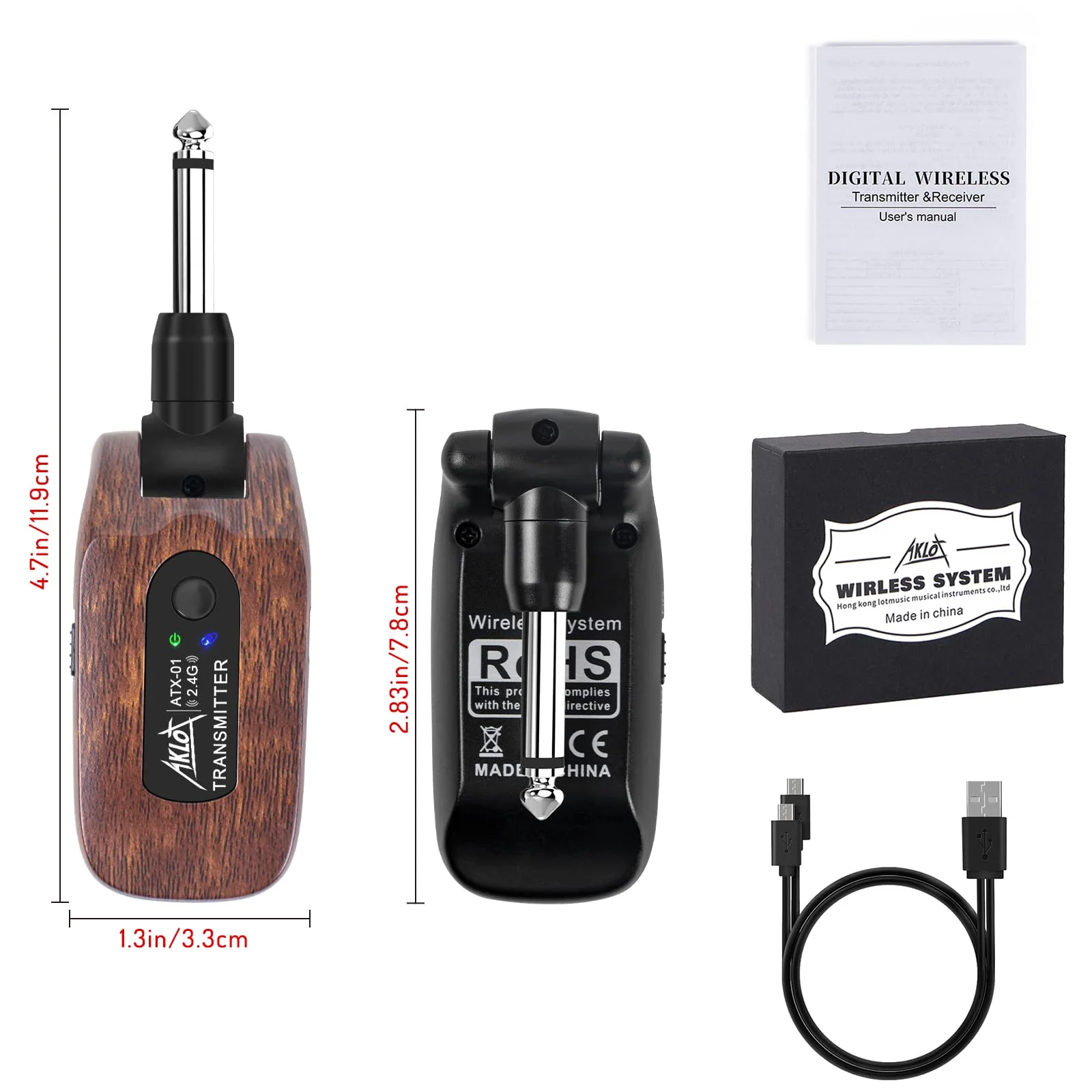 AKLOT Wireless Guitar System Transmitter Receiver Set 2.4GHz Built-in Rechargeable Lithium Battery Digital for Electric Guitar Bass Dark Brown - Image 2