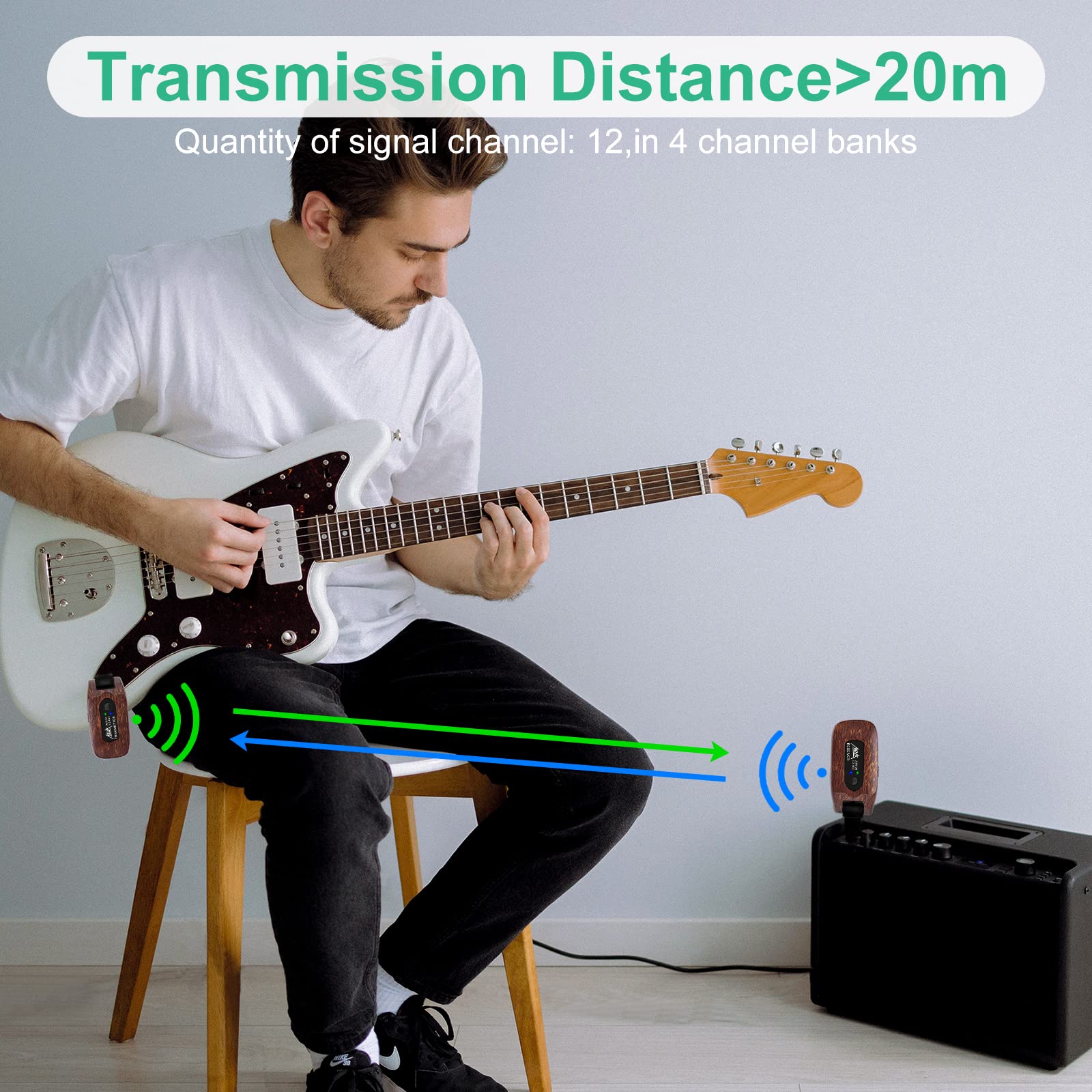 AKLOT Wireless Guitar System Transmitter Receiver Set 2.4GHz Built-in Rechargeable Lithium Battery Digital for Electric Guitar Bass Dark Brown - Image 3