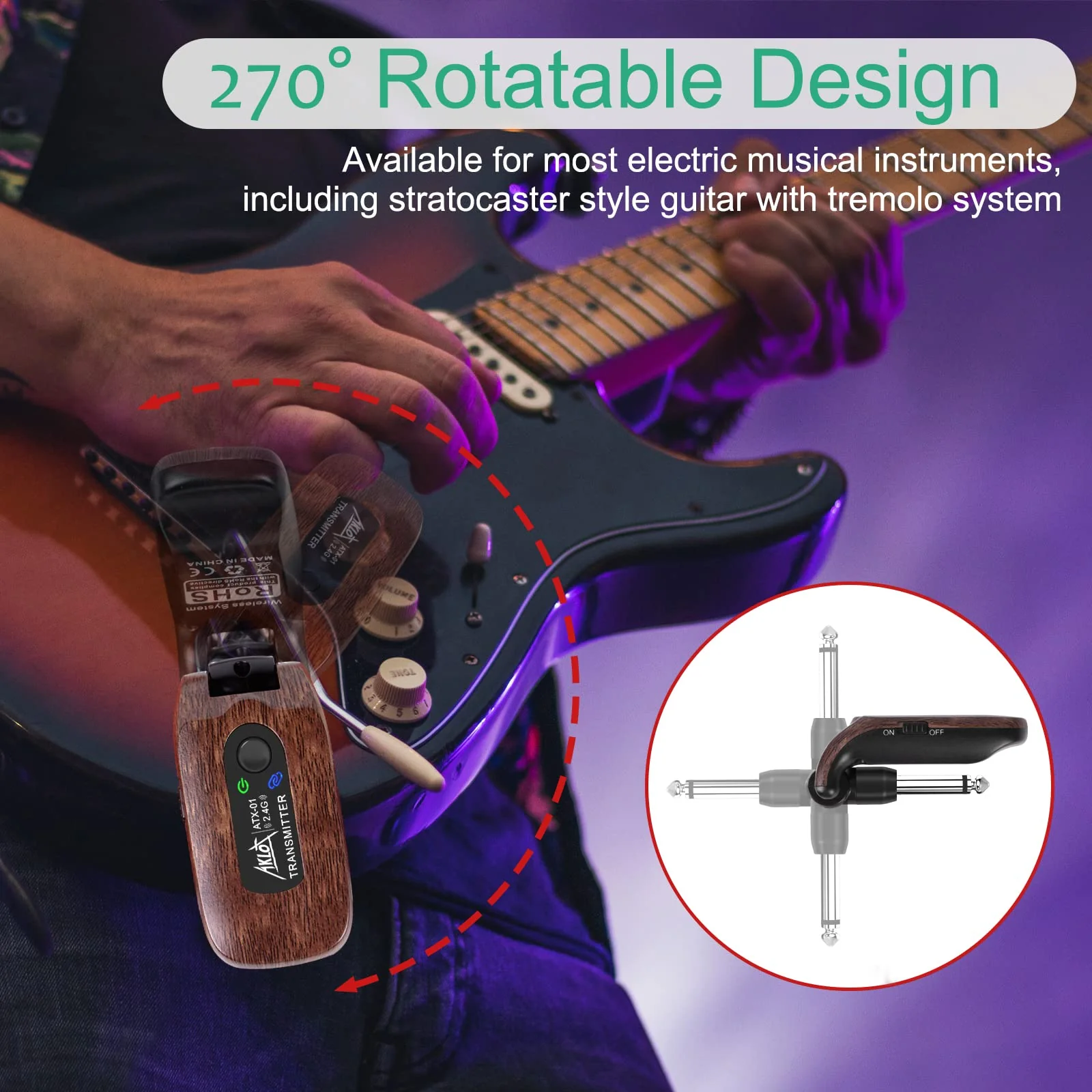 AKLOT Wireless Guitar System Transmitter Receiver Set 2.4GHz Built-in Rechargeable Lithium Battery Digital for Electric Guitar Bass Dark Brown - Image 5