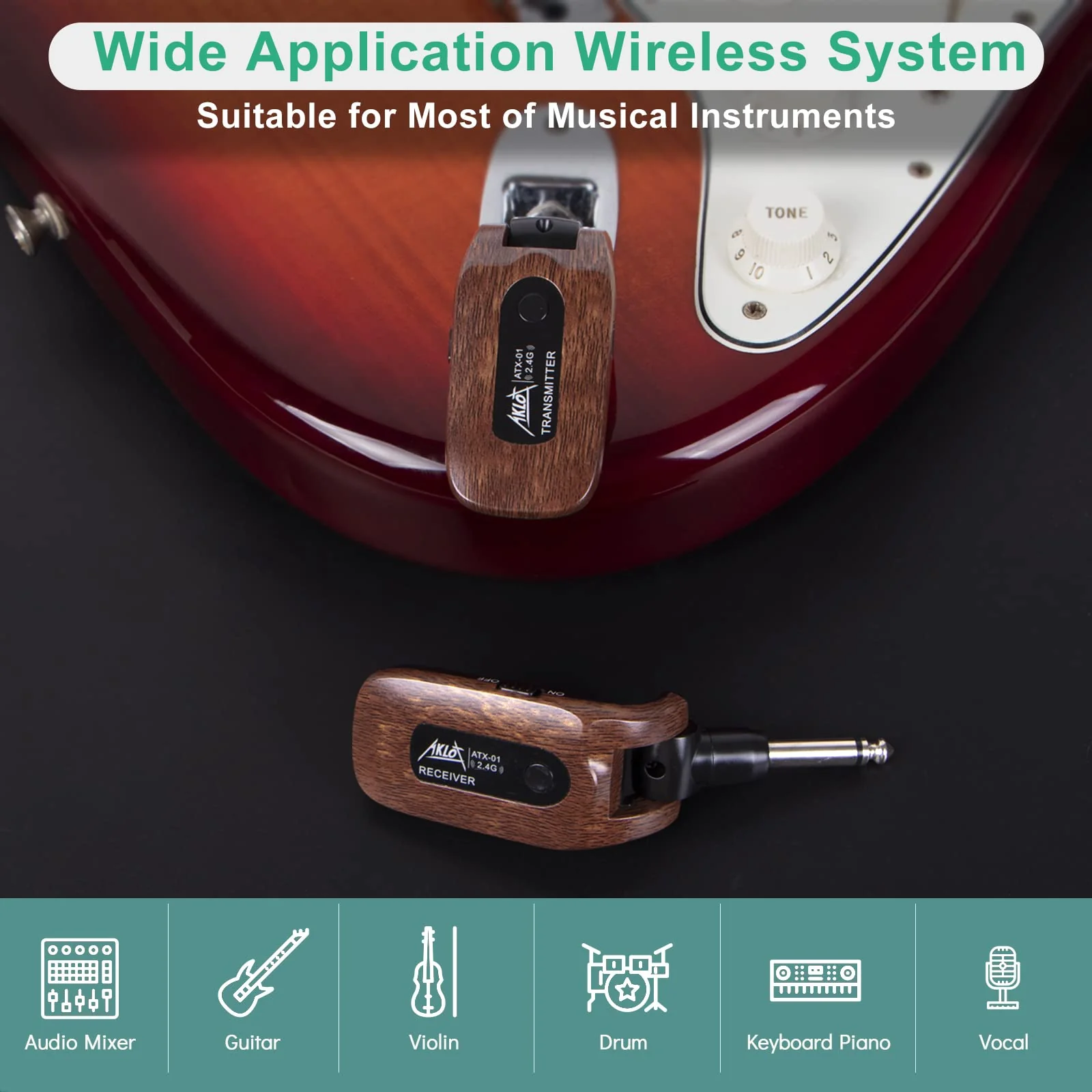 AKLOT Wireless Guitar System Transmitter Receiver Set 2.4GHz Built-in Rechargeable Lithium Battery Digital for Electric Guitar Bass Dark Brown - Image 6