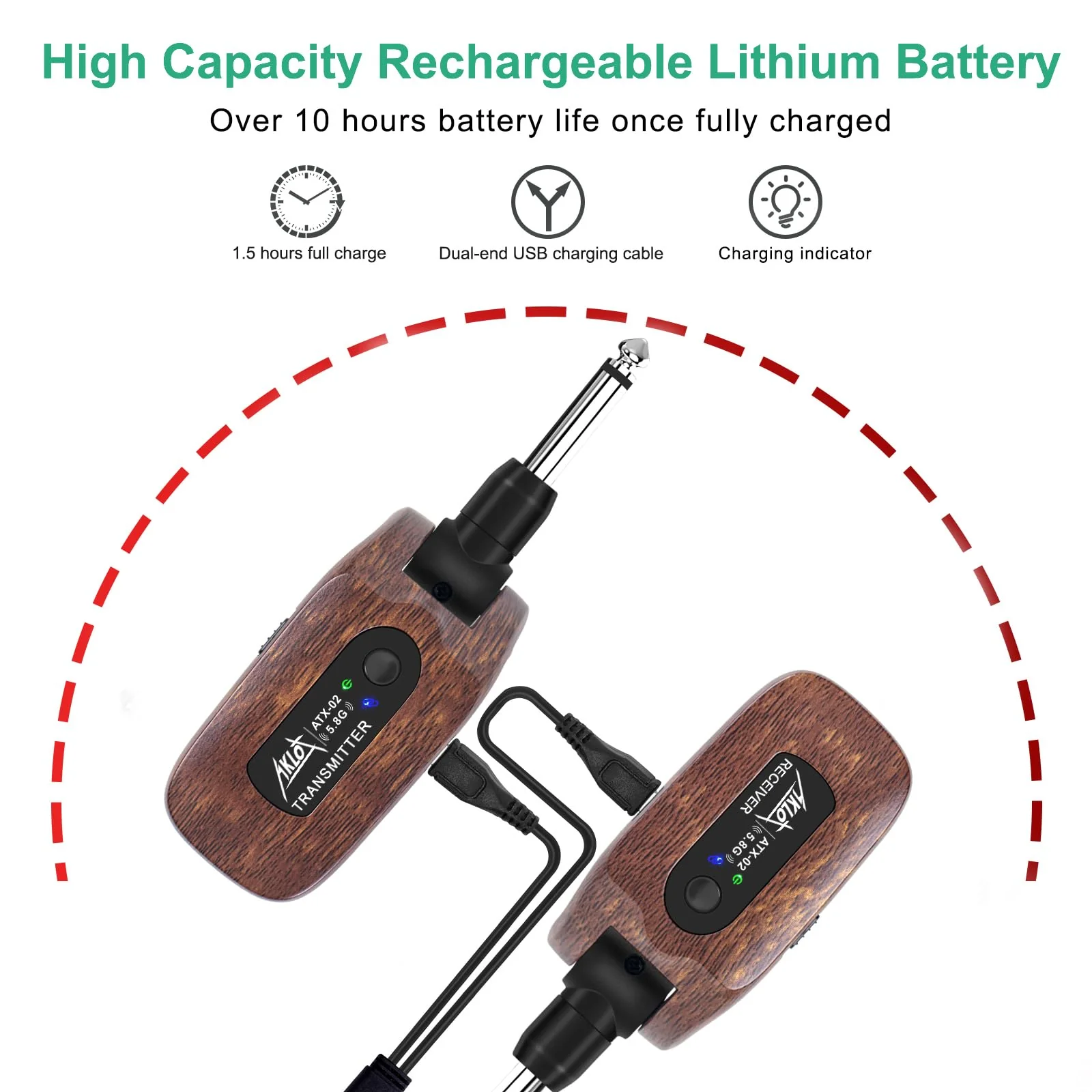 AKLOT Wireless Guitar System Transmitter Receiver Set 5.8G Hz Built-in Rechargeable Lithium Battery Digital for Electric Guitar Bass (5.8GHz) 5.8GHz - Image 2