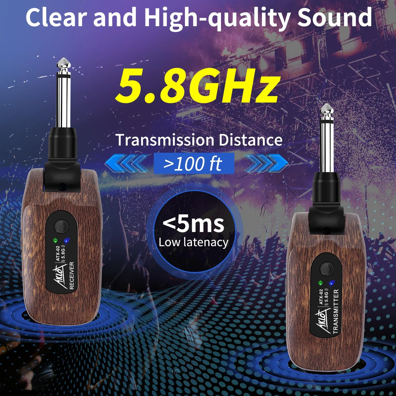 AKLOT Wireless Guitar System Transmitter Receiver Set 5.8G Hz Built-in Rechargeable Lithium Battery Digital for Electric Guitar Bass (5.8GHz) 5.8GHz - Image 3