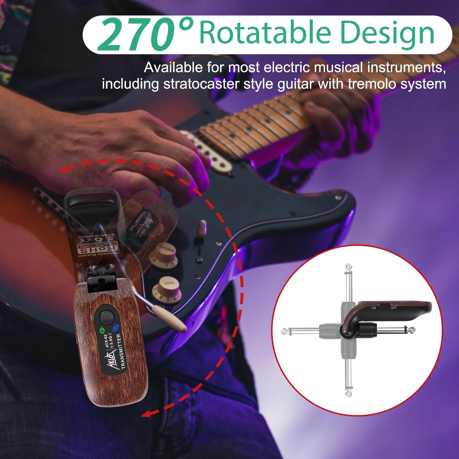 AKLOT Wireless Guitar System Transmitter Receiver Set 5.8G Hz Built-in Rechargeable Lithium Battery Digital for Electric Guitar Bass (5.8GHz) 5.8GHz - Image 5