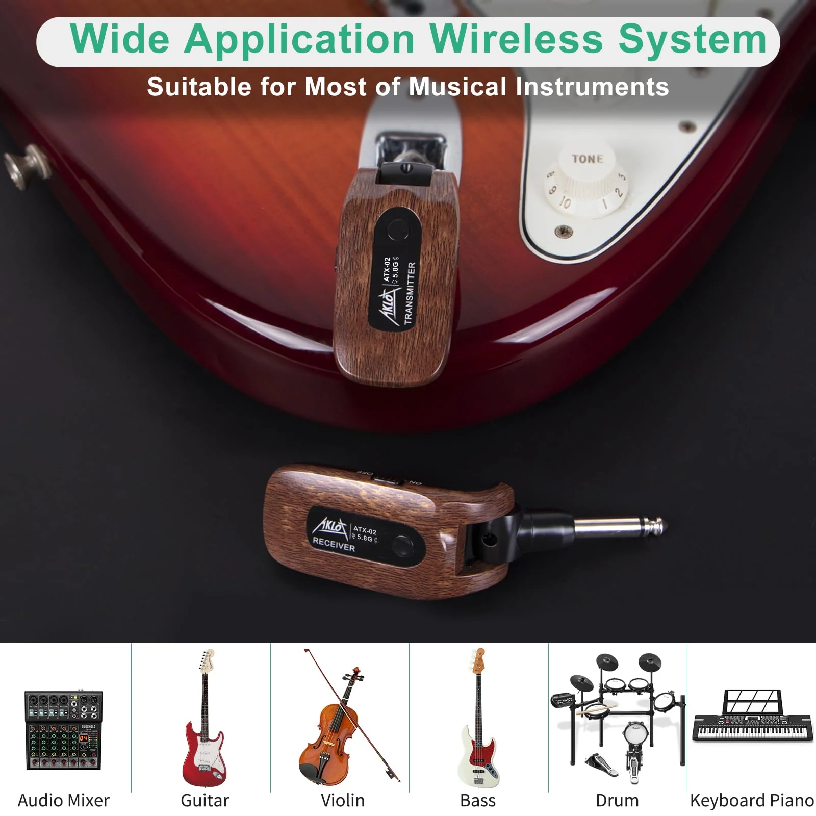AKLOT Wireless Guitar System Transmitter Receiver Set 5.8G Hz Built-in Rechargeable Lithium Battery Digital for Electric Guitar Bass (5.8GHz) 5.8GHz - Image 6