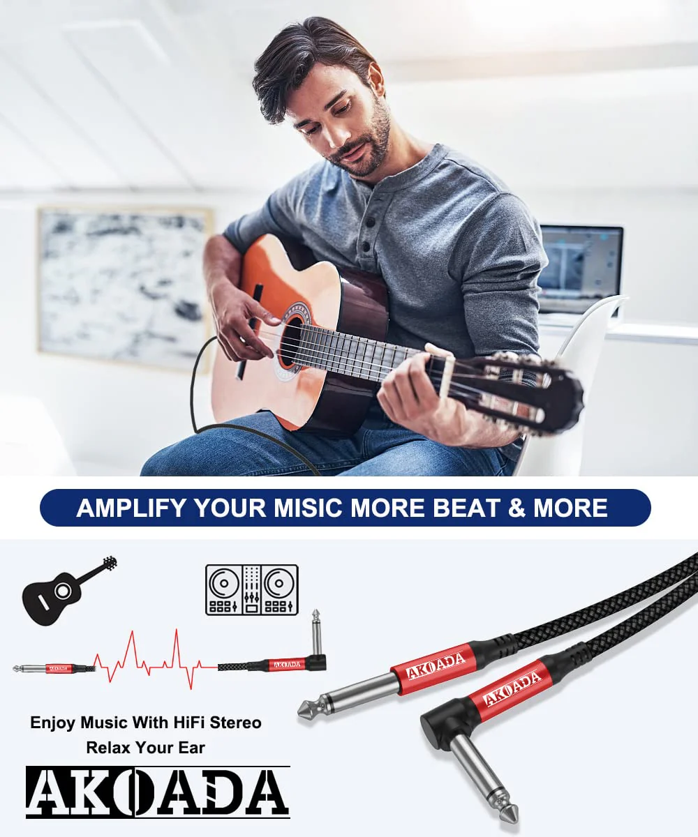 AkoaDa 1/4 Guitar Cable 20ft 2 Pack, Instrument Cable TS Cable Right Angle Electric Guitar Cord Compatible with Guitar, Bass, Drums,Guitar, Bass, Amplifiers, Pro Audio, Electric Mandolin - Image 3