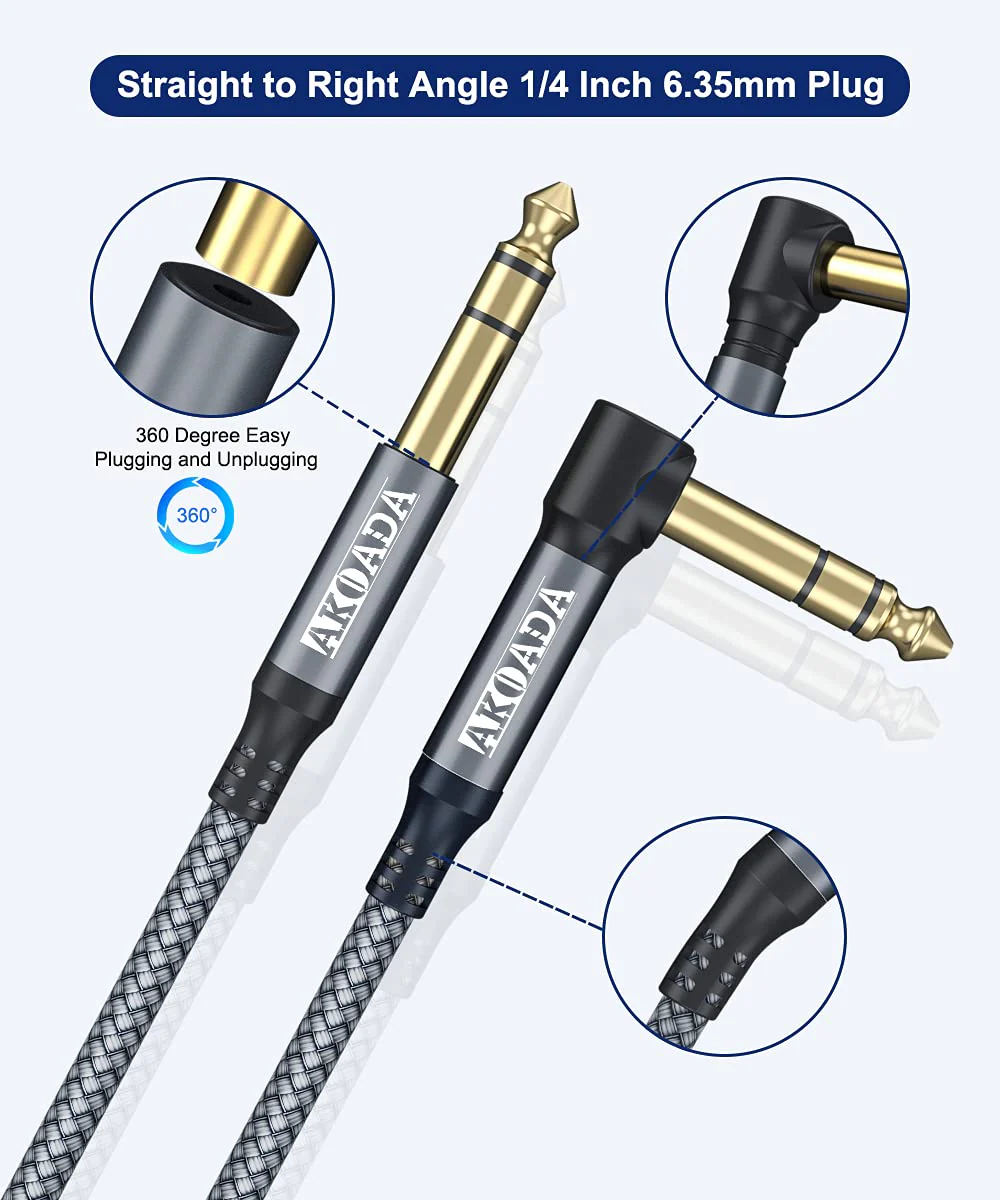 AkoaDa 1/4 Inch TRS Instrument Cable 20ft 2Pack Right Angle 6.35mm Guitar Bass AMP Cord 6.35mm 1/4 TRS Balanced Stereo Audio Male to Male Cable for Guitar,Bass,Keyboard,Mixer,Amplifier,Speaker 20 Feet Grey - Image 3
