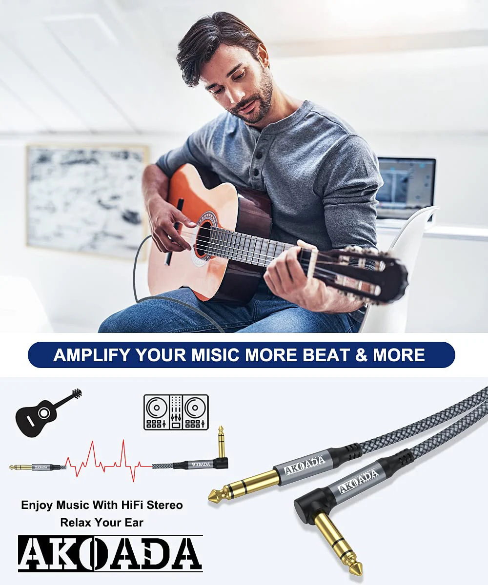 AkoaDa 1/4 Inch TRS Instrument Cable 20ft 2Pack Right Angle 6.35mm Guitar Bass AMP Cord 6.35mm 1/4 TRS Balanced Stereo Audio Male to Male Cable for Guitar,Bass,Keyboard,Mixer,Amplifier,Speaker 20 Feet Grey - Image 4