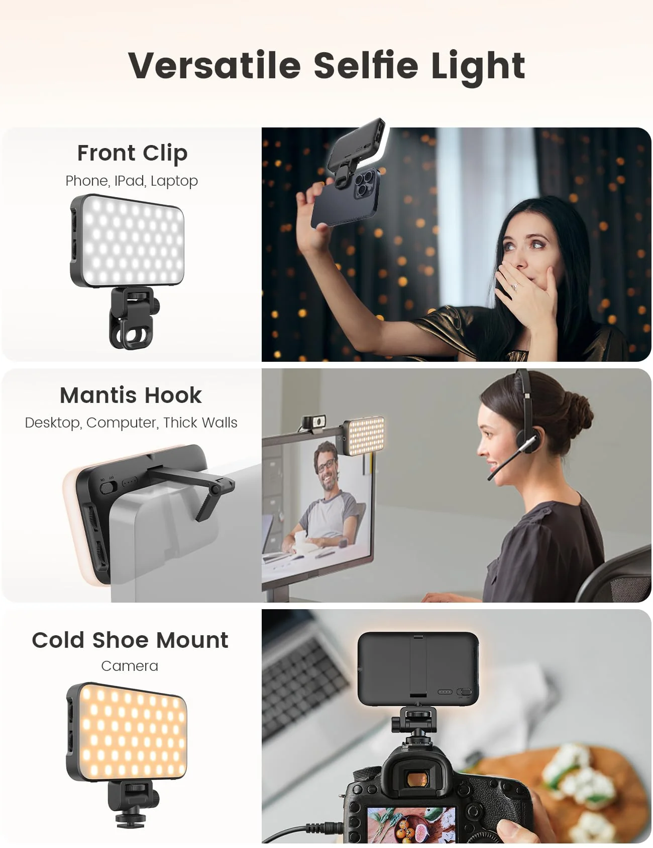 AL96 Phone Light, 96 LED Selfie Light with Soft Diffuser, Stepless Color Temperature and Brightness Adjustment Rechargeable Clip Light for Selfie, Video Conference, TikTok, Vlog - Image 2