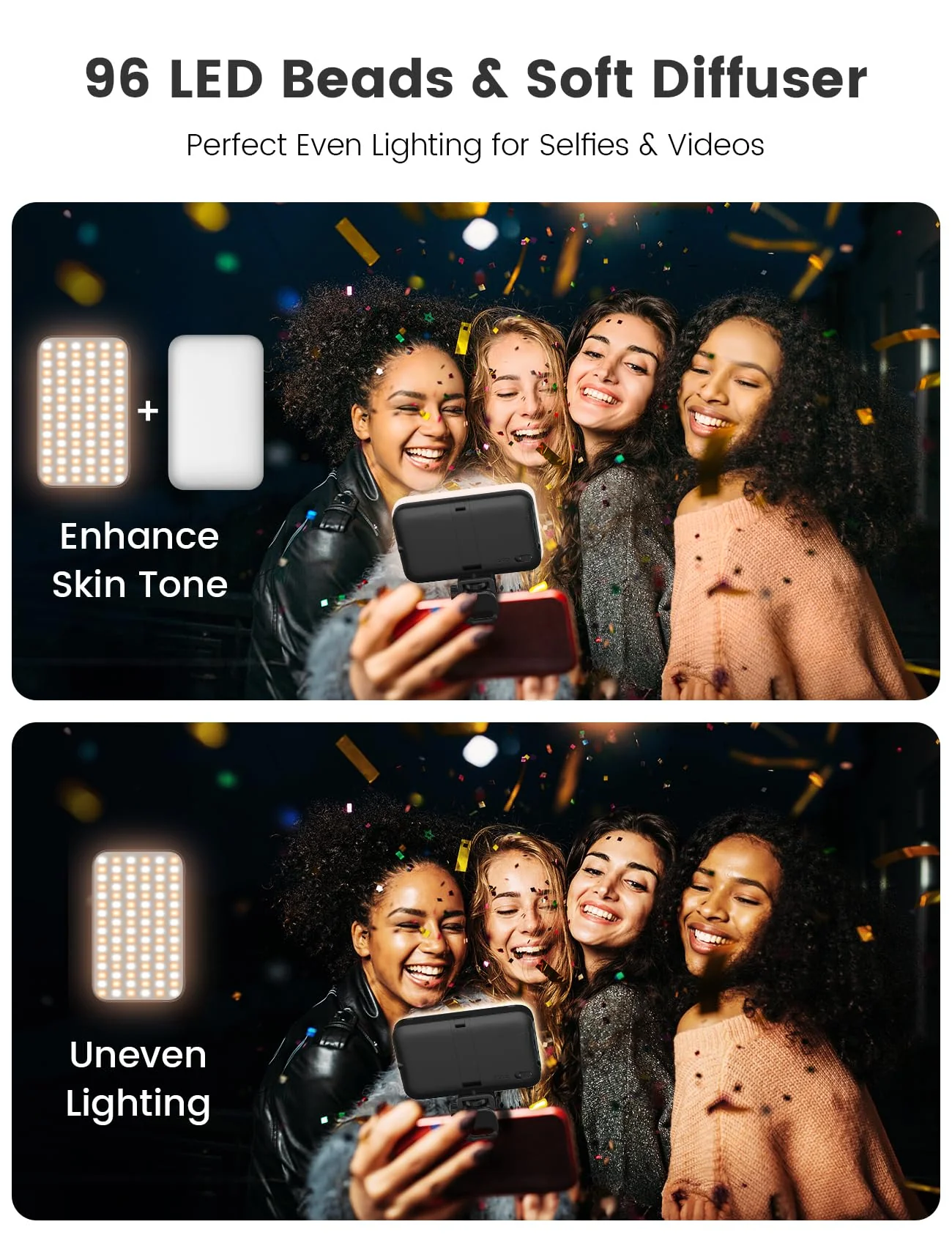 AL96 Phone Light, 96 LED Selfie Light with Soft Diffuser, Stepless Color Temperature and Brightness Adjustment Rechargeable Clip Light for Selfie, Video Conference, TikTok, Vlog - Image 3