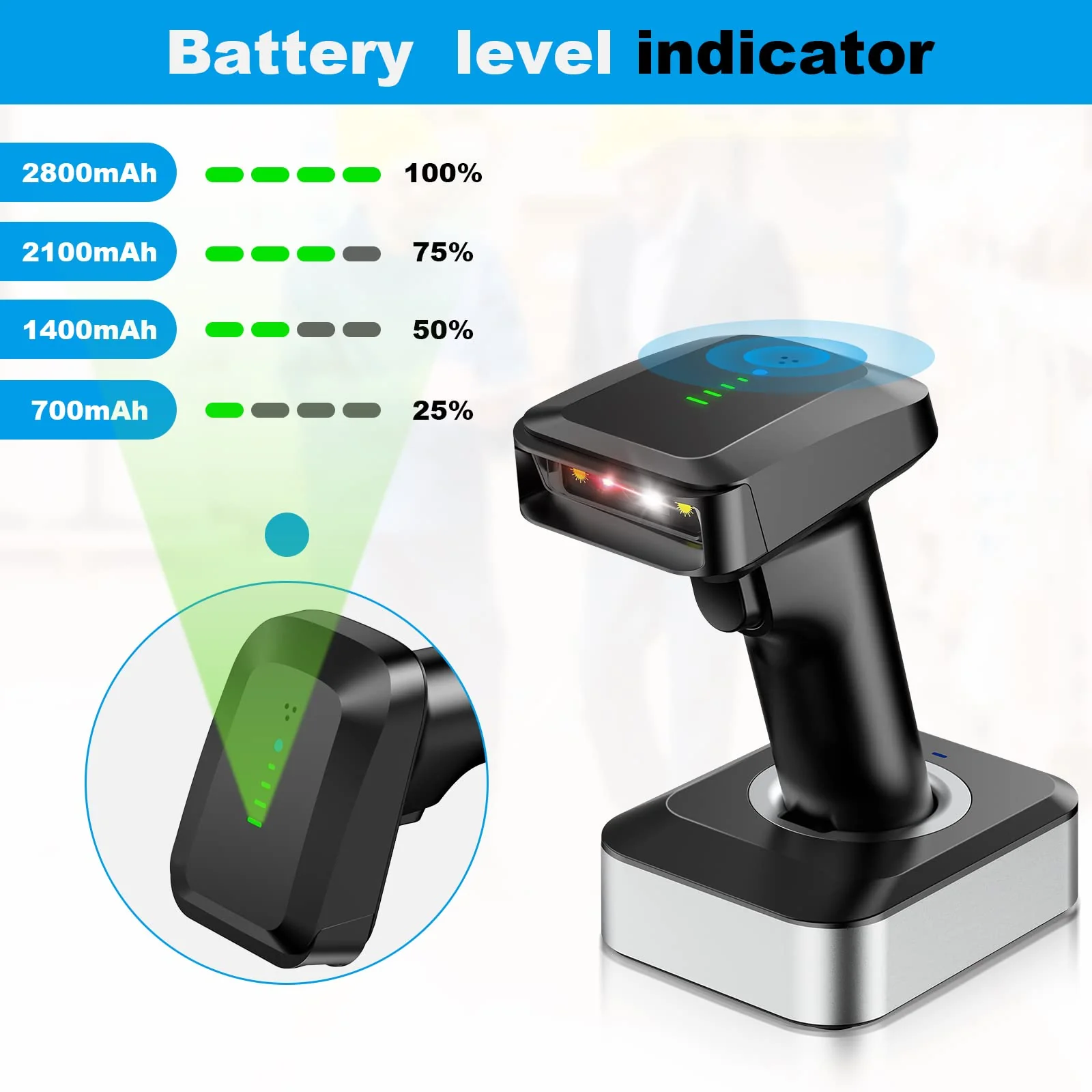 Alacrity 2D QR Wireless Barcode Scanner with Charging Base and Battery Level Indicator Bluetooth & 2.4GHz Wireless & USB Wired 3 in 1 Connection Handsfree Auto-Sense Barcode Reader Scanner - Image 2