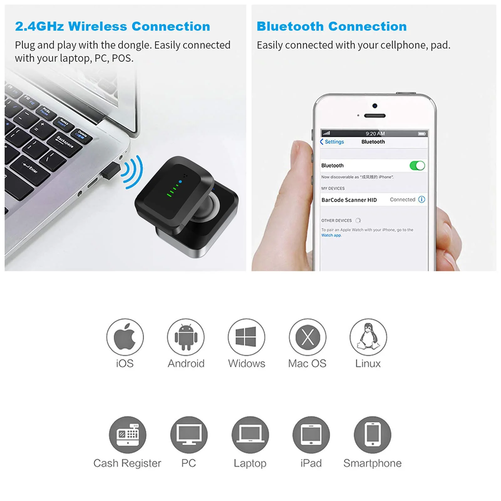 Alacrity 2D QR Wireless Barcode Scanner with Charging Base and Battery Level Indicator Bluetooth & 2.4GHz Wireless & USB Wired 3 in 1 Connection Handsfree Auto-Sense Barcode Reader Scanner - Image 3