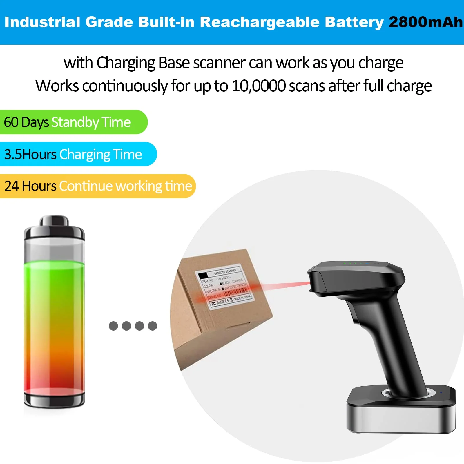 Alacrity 2D QR Wireless Barcode Scanner with Charging Base and Battery Level Indicator Bluetooth & 2.4GHz Wireless & USB Wired 3 in 1 Connection Handsfree Auto-Sense Barcode Reader Scanner - Image 5