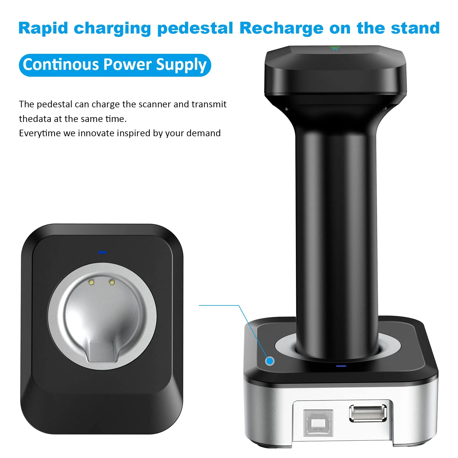 Alacrity 2D QR Wireless Barcode Scanner with Charging Base and Battery Level Indicator Bluetooth & 2.4GHz Wireless & USB Wired 3 in 1 Connection Handsfree Auto-Sense Barcode Reader Scanner - Image 6