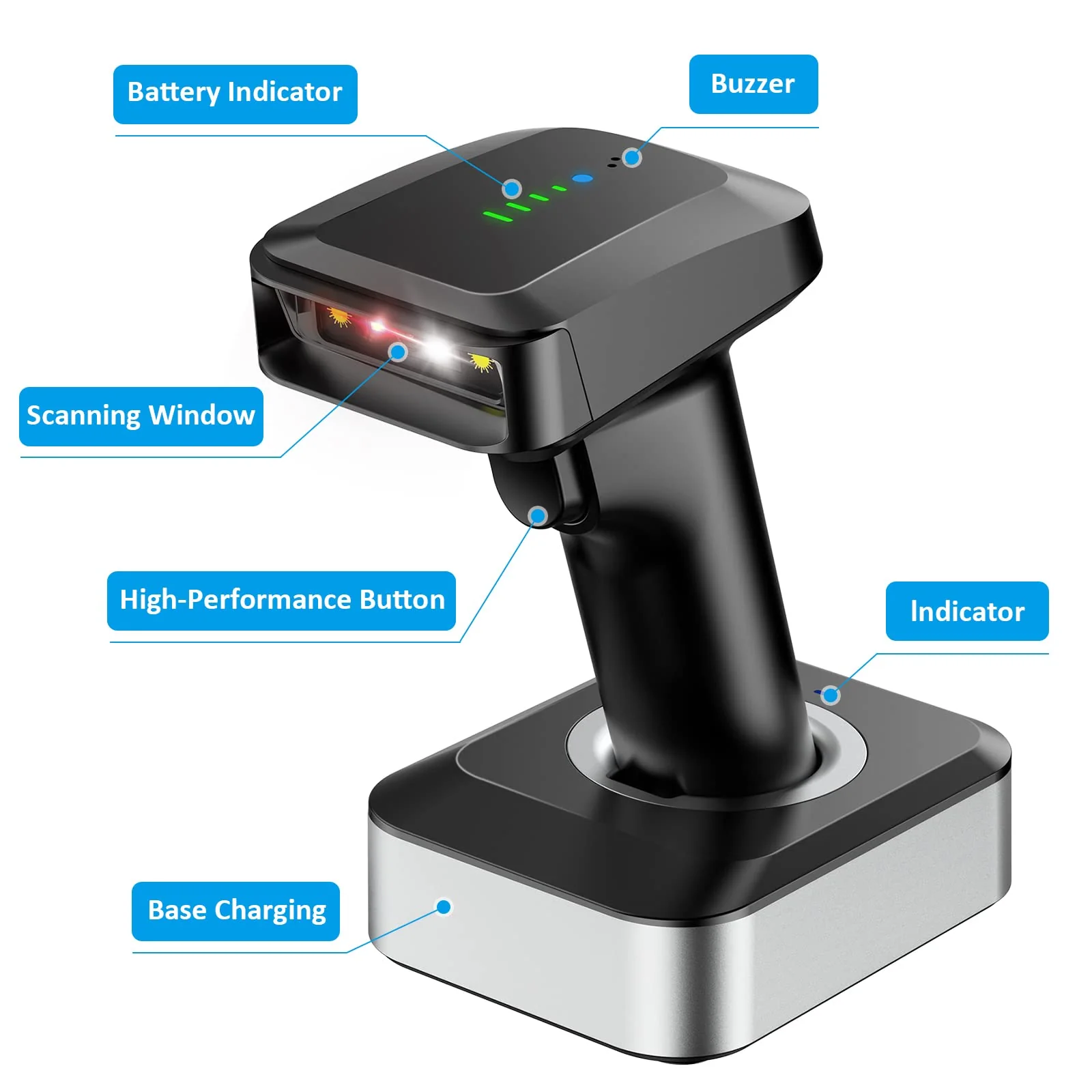 Alacrity 2D QR Wireless Barcode Scanner with Charging Base and Battery Level Indicator Bluetooth & 2.4GHz Wireless & USB Wired 3 in 1 Connection Handsfree Auto-Sense Barcode Reader Scanner - Image 7
