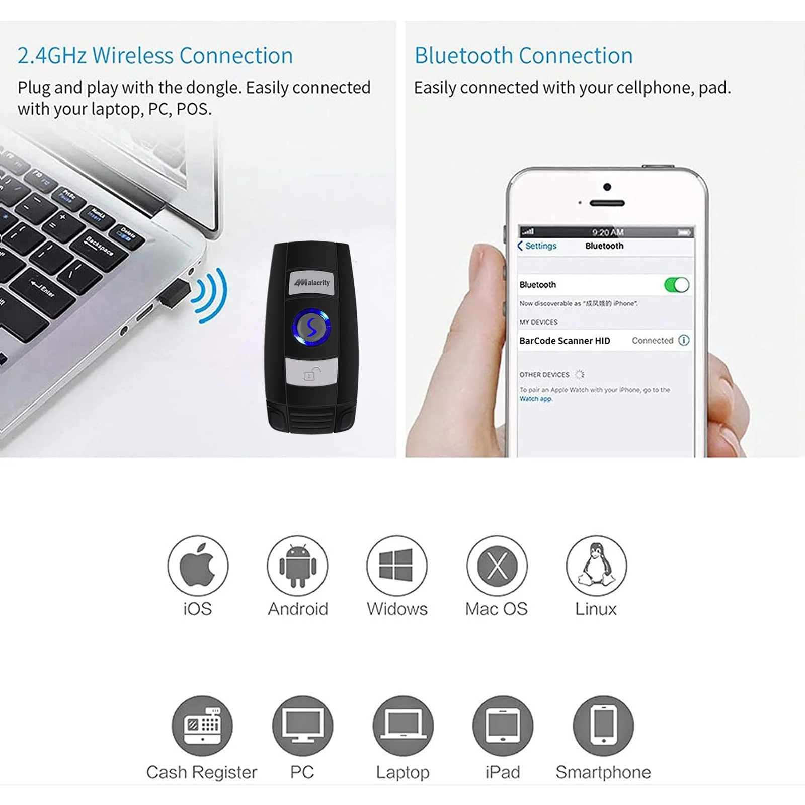 Alacrity Bluetooth Barcode Scanner, Portable Mini 1D Handheld Barcode Scanner 3-in-1 Bar Code Reader Scanner Scanning Work with Windows, Android, iOS, Tablets or Computers Able to Scan Codes on Screen 1D CCD Bluetooth Wireless Portable Scanner - Image 3