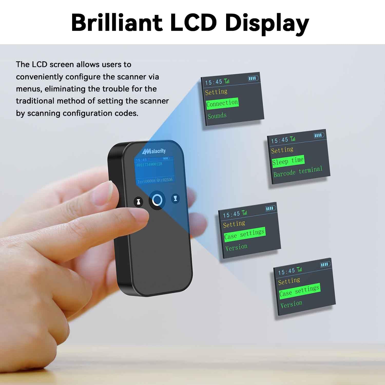 Alacrity Portable 1D 2D Wireless Barcode Scanner with LCD Display, Bluetooth 2.4 GHz Wiredess USB Wired 3 in 1, Lightweight Mini QR Code Readers for Computer, Tablet, Smartphone Black-2D - Image 3