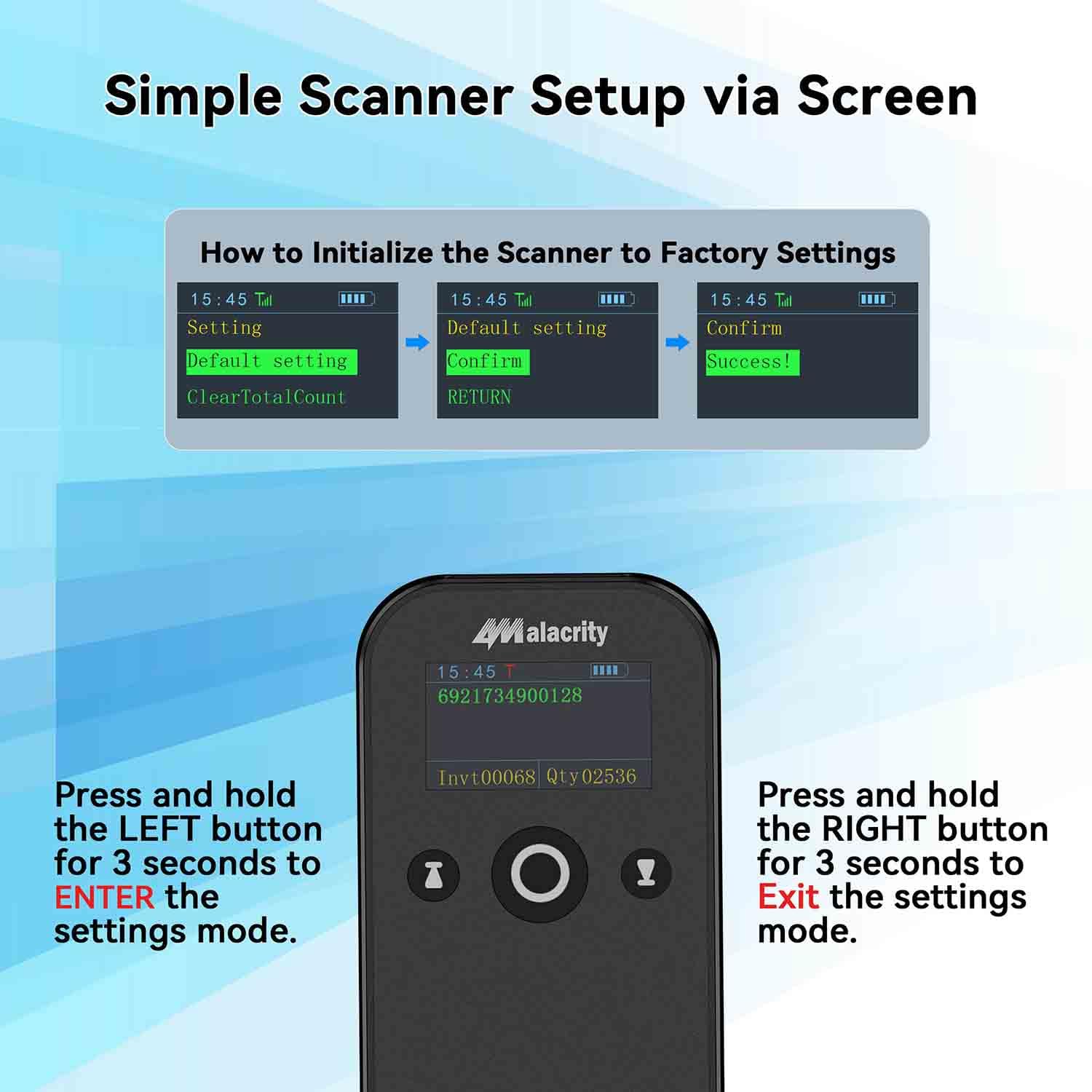Alacrity Portable 1D 2D Wireless Barcode Scanner with LCD Display, Bluetooth 2.4 GHz Wiredess USB Wired 3 in 1, Lightweight Mini QR Code Readers for Computer, Tablet, Smartphone Black-2D - Image 4
